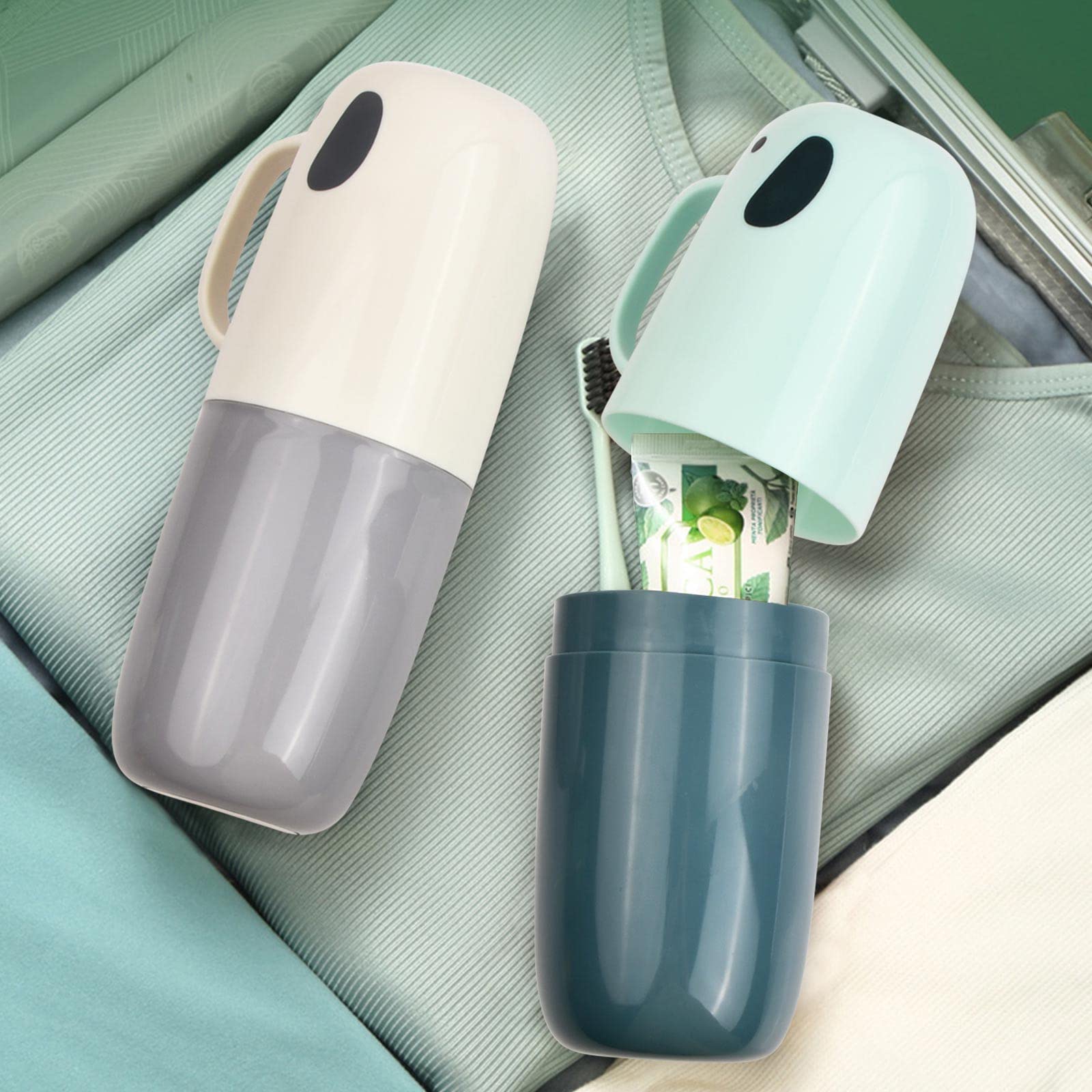 Estuche Viaje Cepillo Dientes: Set De 2 Vasos Portátiles Con Soporte Para Pasta | Ideal Para Camping, Escuela Y Viajes | Colores Blanco-Gris Y Azul-Verde