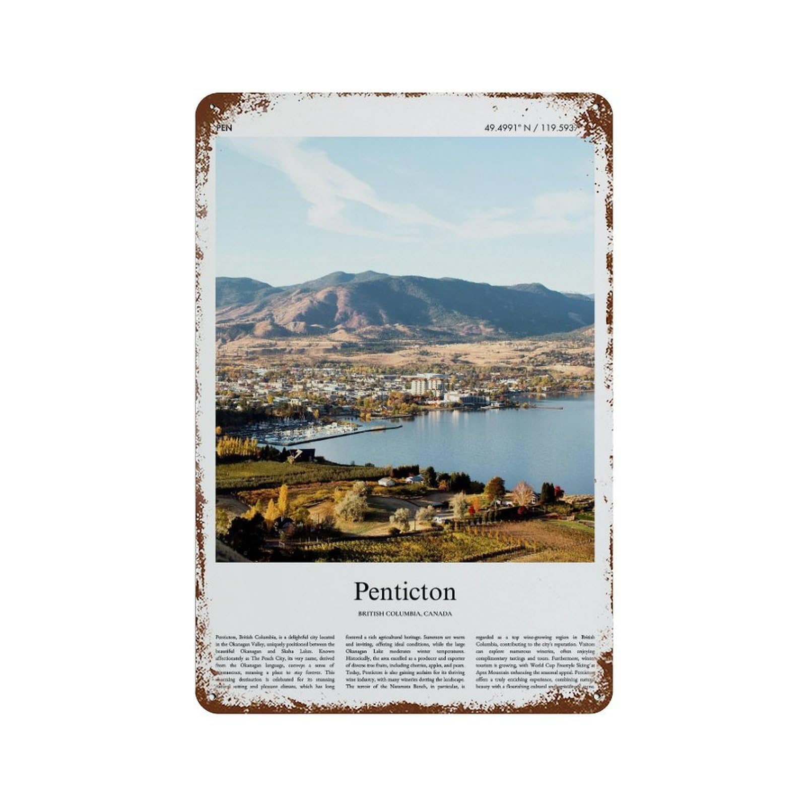 xiaoxiaoshen Penticton British Columbia, Canada City Scenery Wall Decor Art Metal Tin Poster Modern Home Decor Art Home Bar Shop Decorations Vintage Sign 30x20cm