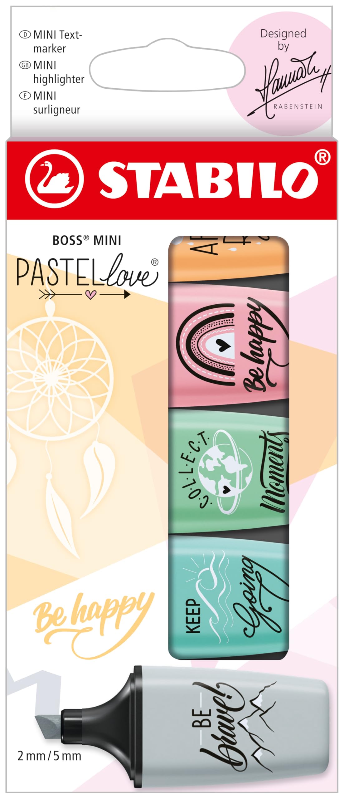 STABILO BOSS MINI Pastellove Textmarker - Zartes Türkis, 2 Strichstärken, 4h Austrocknungsschutz, Mit Hand Lettering-Motiv