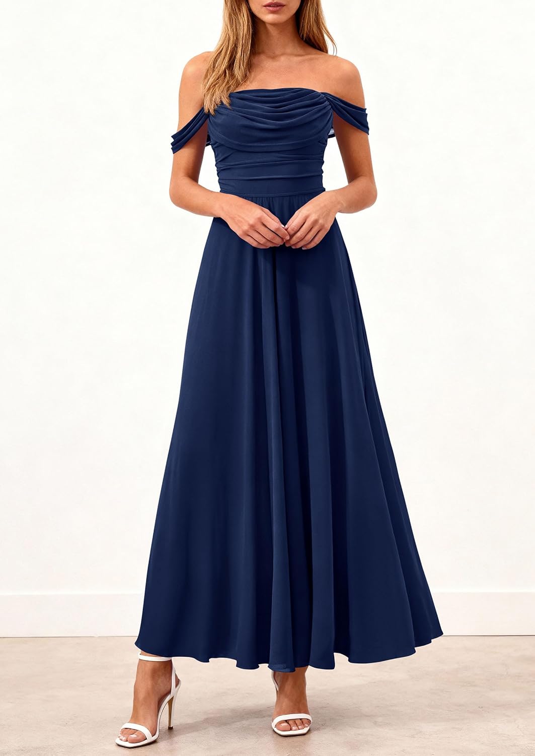 PRETTYGARDEN Womens Off Shoulder Maxi Summer Dresses 2026 Elegant Mesh Aline Swing Ruched Flowy Cocktail Wedding Guest Dress - Image 4