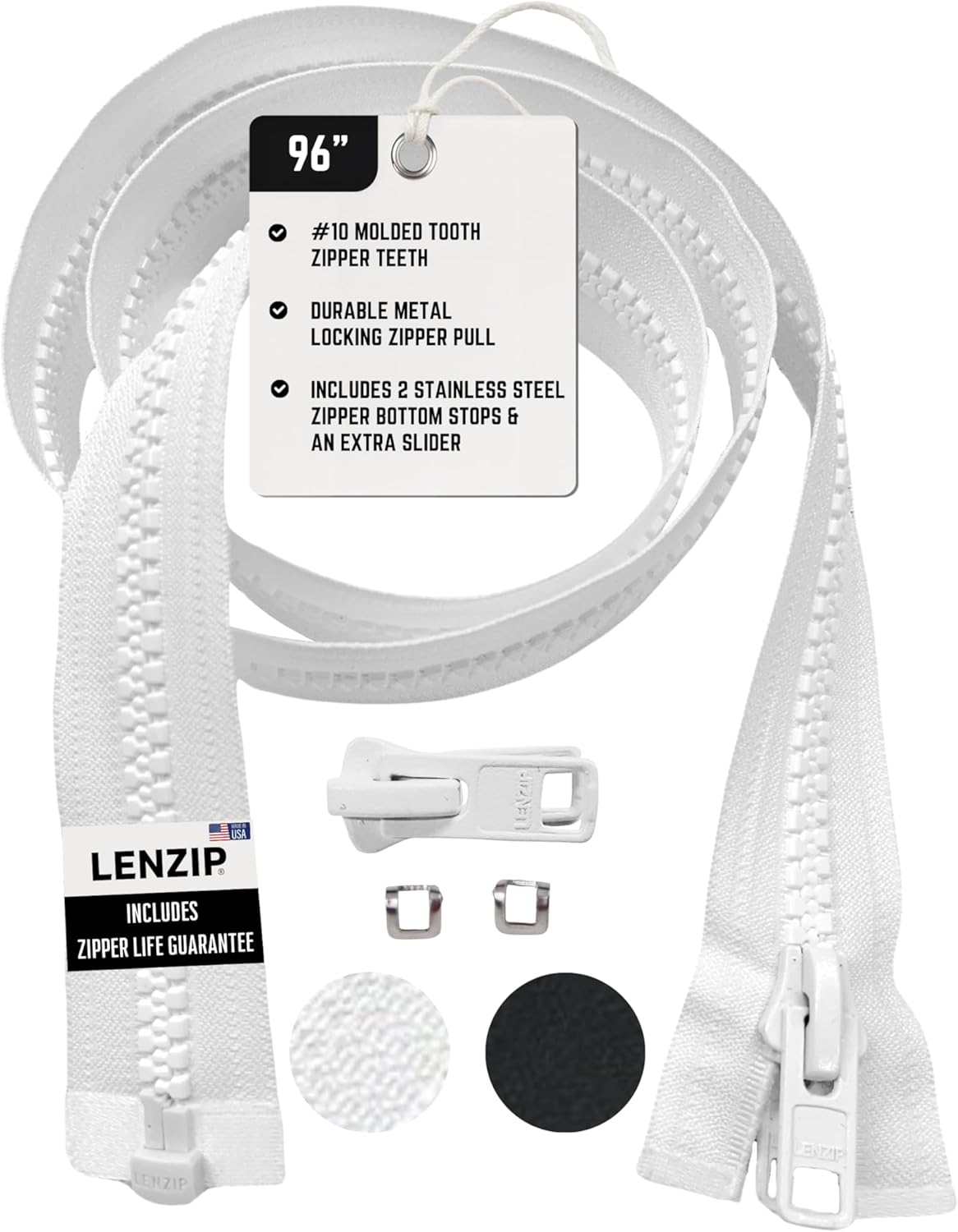 EZ-Xtend Lenzip #10 Separating Zipper for Canvas - Heavy Duty Cut to Length w/Double Metal Locking Pull - Includes Stainless Steel Zipper Bottom Stop and Extra Slider Replacement (White, 96")