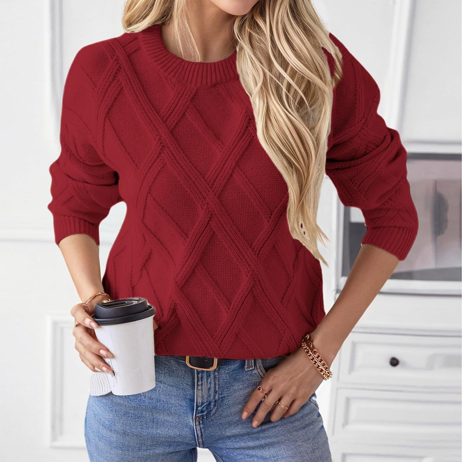 Women's Sweaters Crew Neck Pullover Cable Knit Sweaters Ribbed Casual Tops 2026 Classic Knitwear for Spring Winter - Image 4