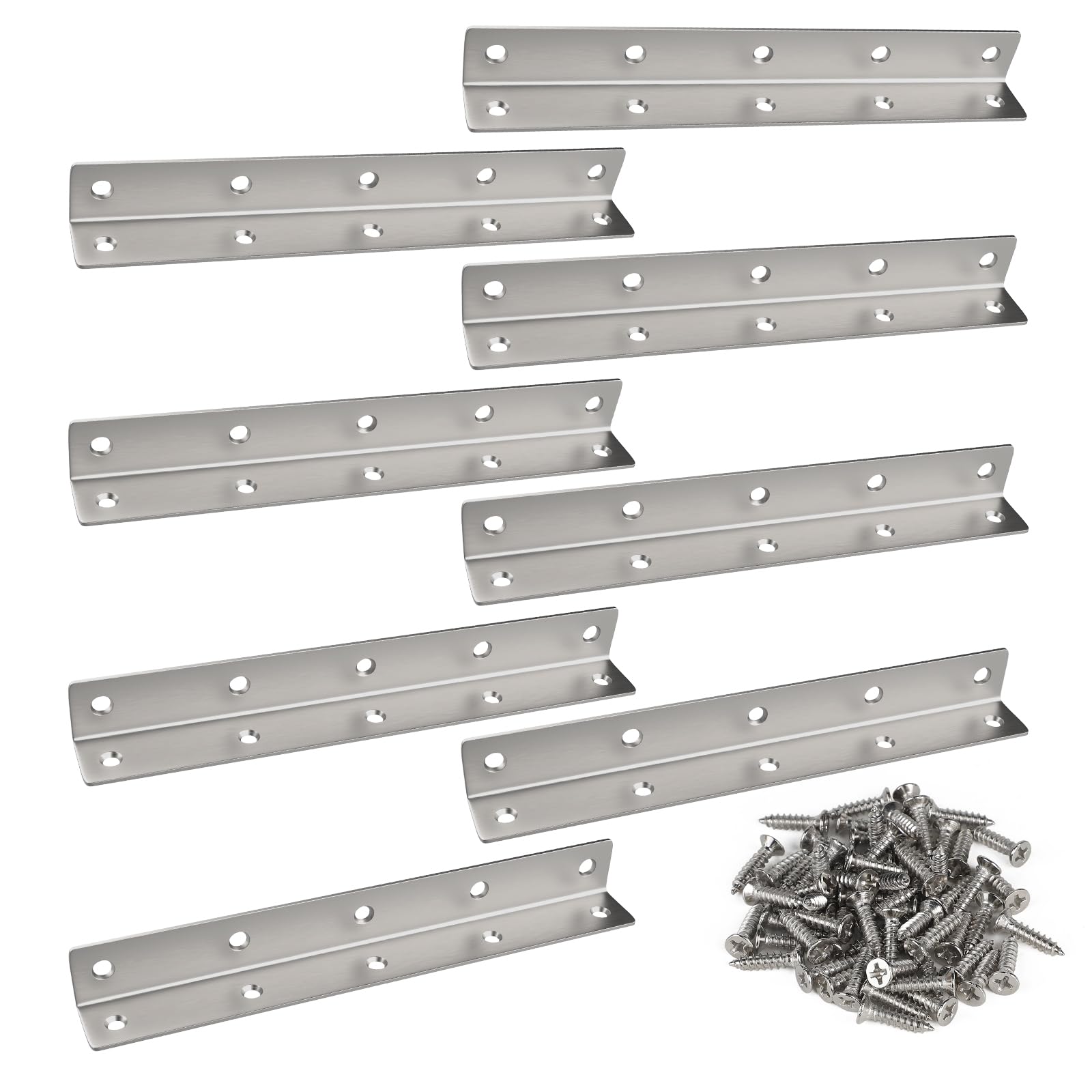 8 Piezas Conector Angular en L, Soporte de Esquina 90 Grados de Acero Inoxidable Plata 225 x 27 x 27MM para Reforzamientos, Reparaciones, Mobiliario