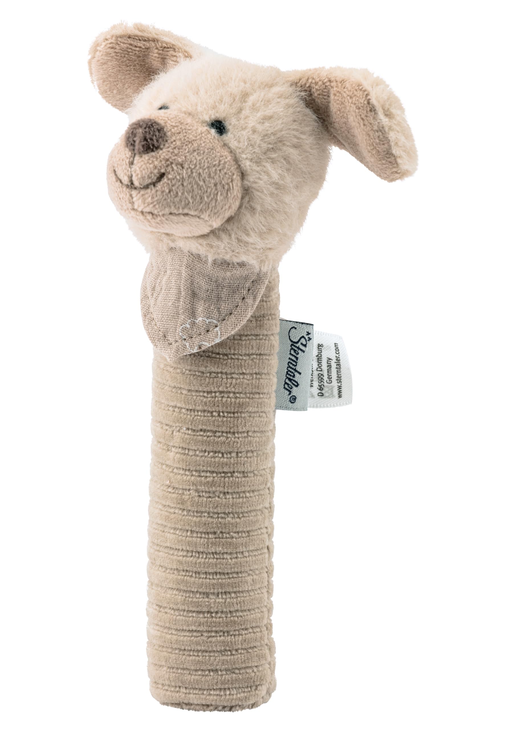 Sterntaler Baby Squeaky Dog Lucky - Baby Toy Made of Soft Fleece Material with Cord - Gripping Toy for Babies - First Attempts at Grasping and Playing, Grey Beige