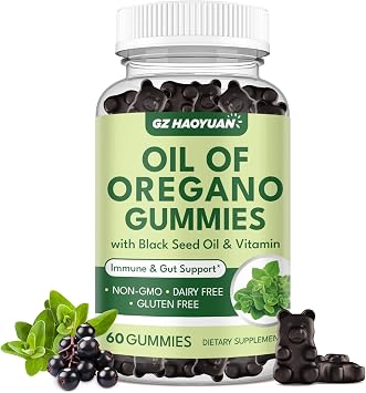 Oil of Oregano Gummies with Black Seed Oil + Vitamin D3, Oregano Oil Organic High Carvacrol, Immune & Digestive Support, Antioxidant Support, 60 Gummies
