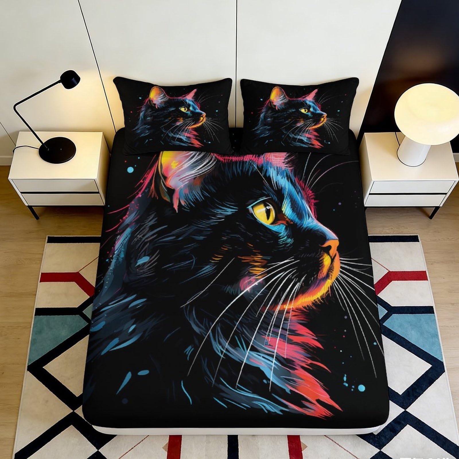 3D Printed Artistic Black Cat Fitted Sheet Microfiber Deep Pocket Non-Slip Bedroom Bedding Black Cat Mattress Fitted Cover Washable 140x200x25cm