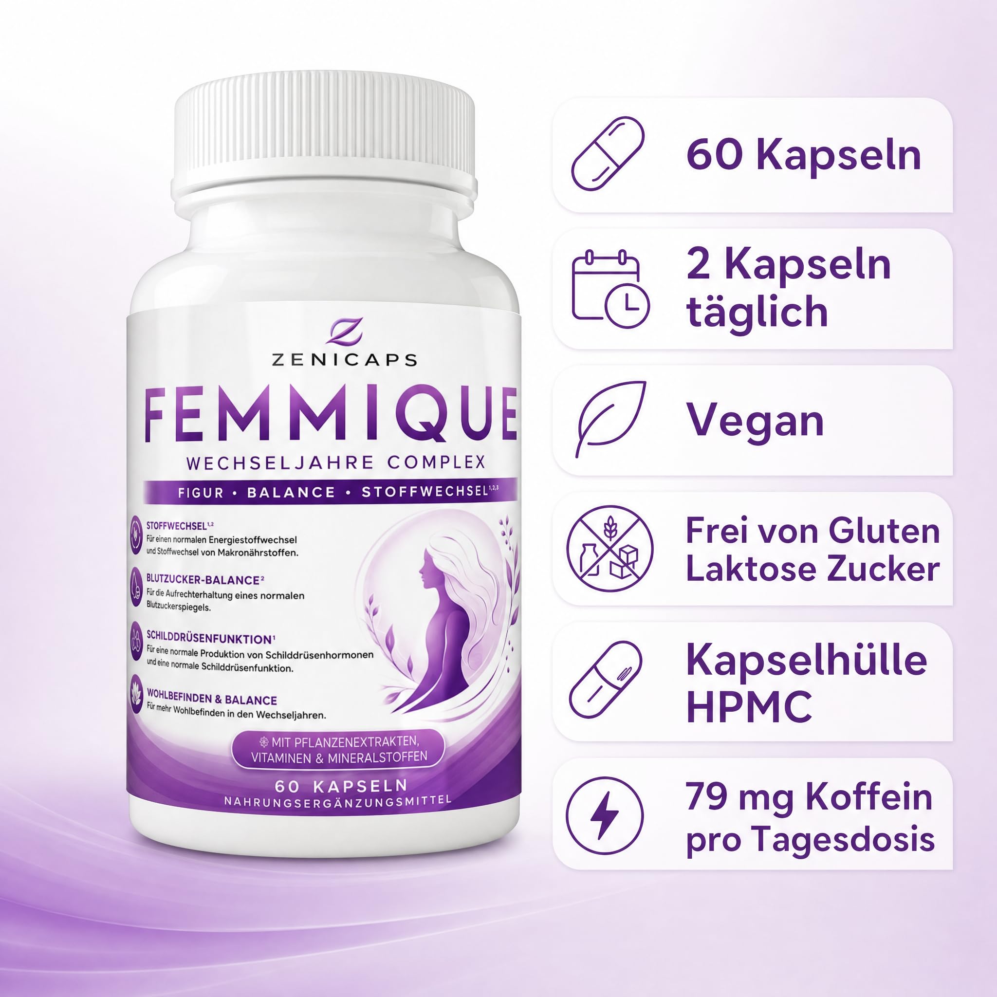 FEMMIQUE Wechseljahre Complex 60 Kapseln – Frauen Komplex mit Jod & Chrom – für normalen Energiestoffwechsel, Makronährstoffwechsel & Schilddrüsenfunktion