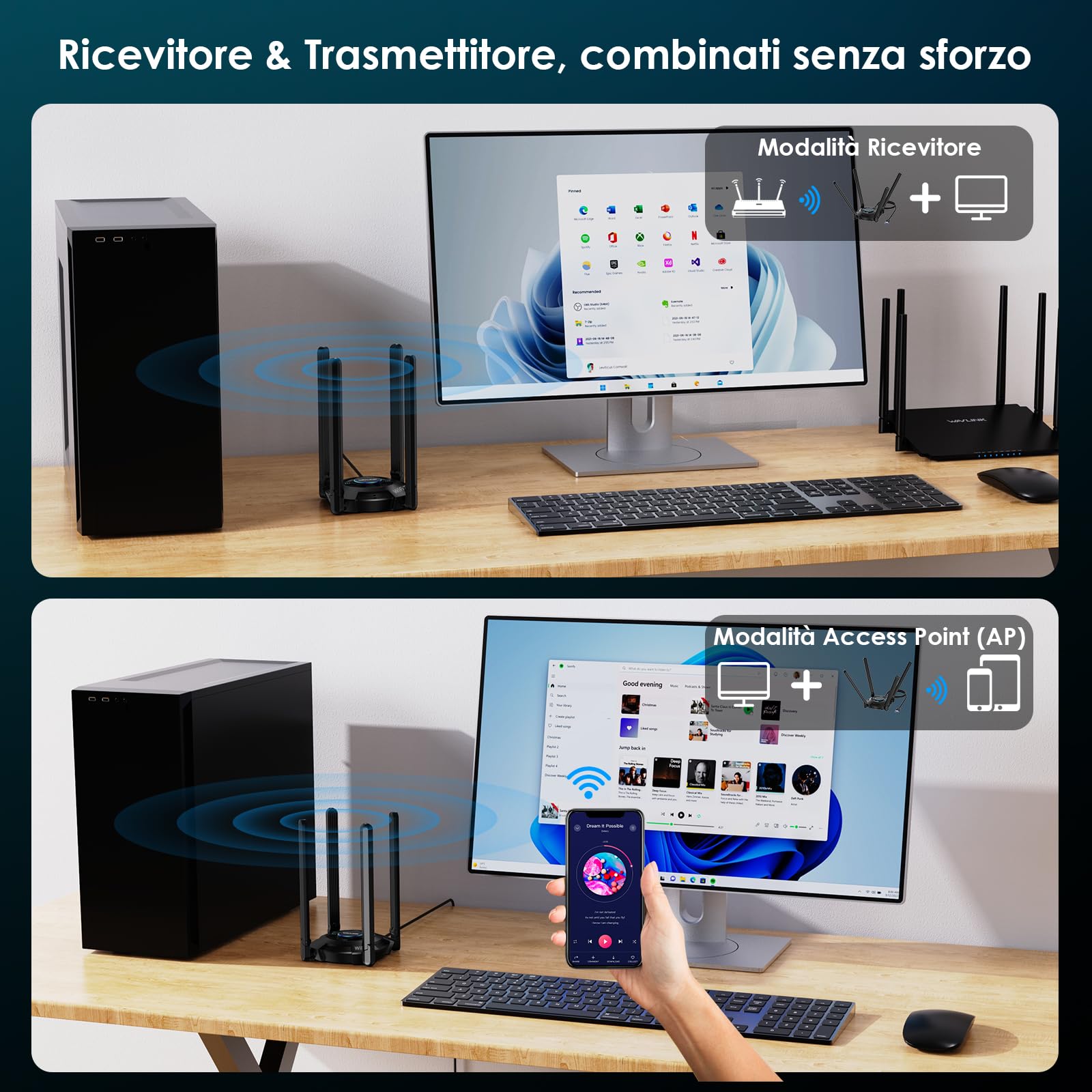 WAVLINK WiFi 7 USB WiFi Dongle per PC, Adattatore USB WiFi Tri-Banda BE6500 con Driver Integrato, WPA3, MLO & Multi-RU, Antenne Alto Guadagno 5dBi, Solo per Windows 11/10