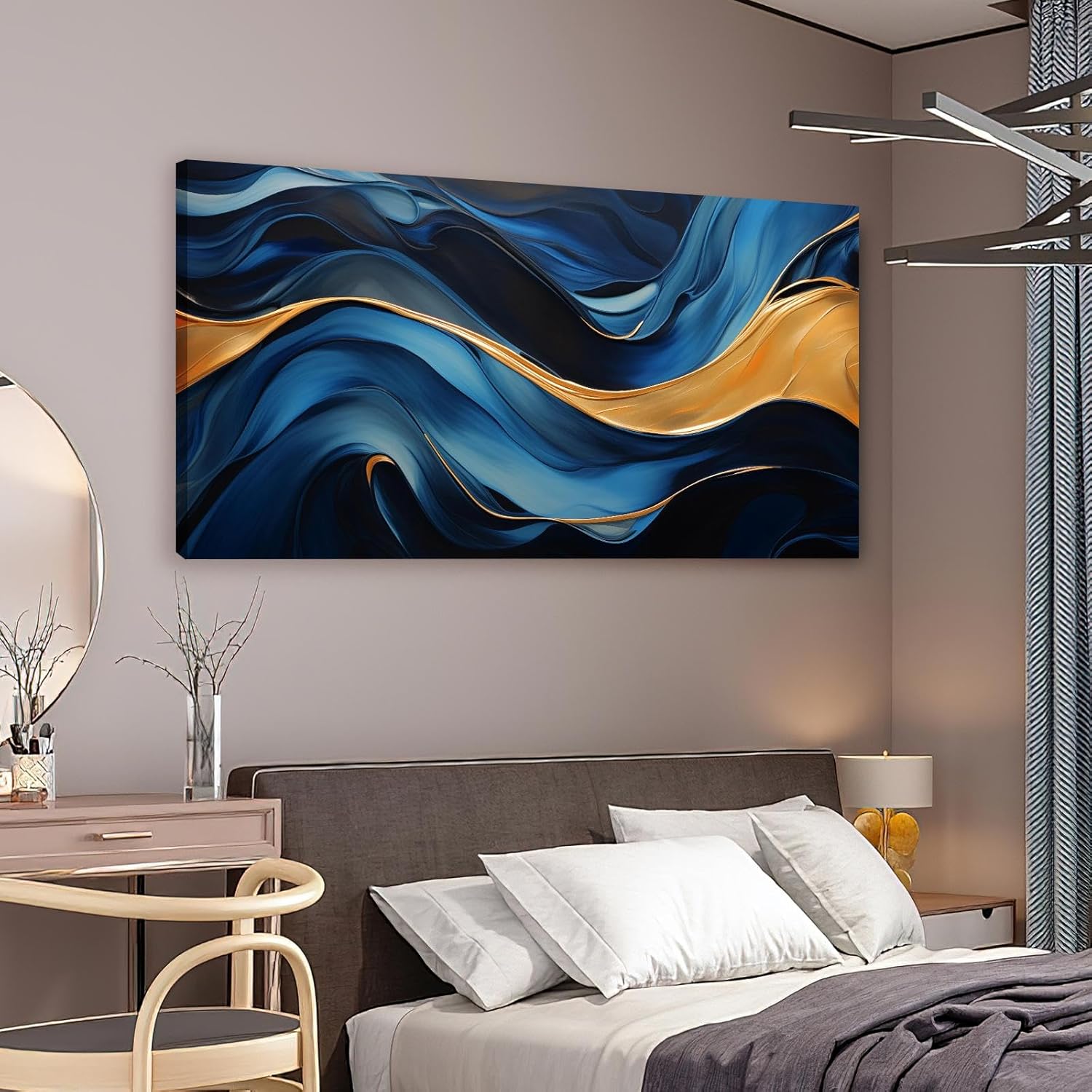 JGGXHM Blue gold foil abstract art A Large Modern Wall Art, Line Art, Home Decor, Drawing, Minimalist golden blue painting -(18x43cm) 7x17in internal frame