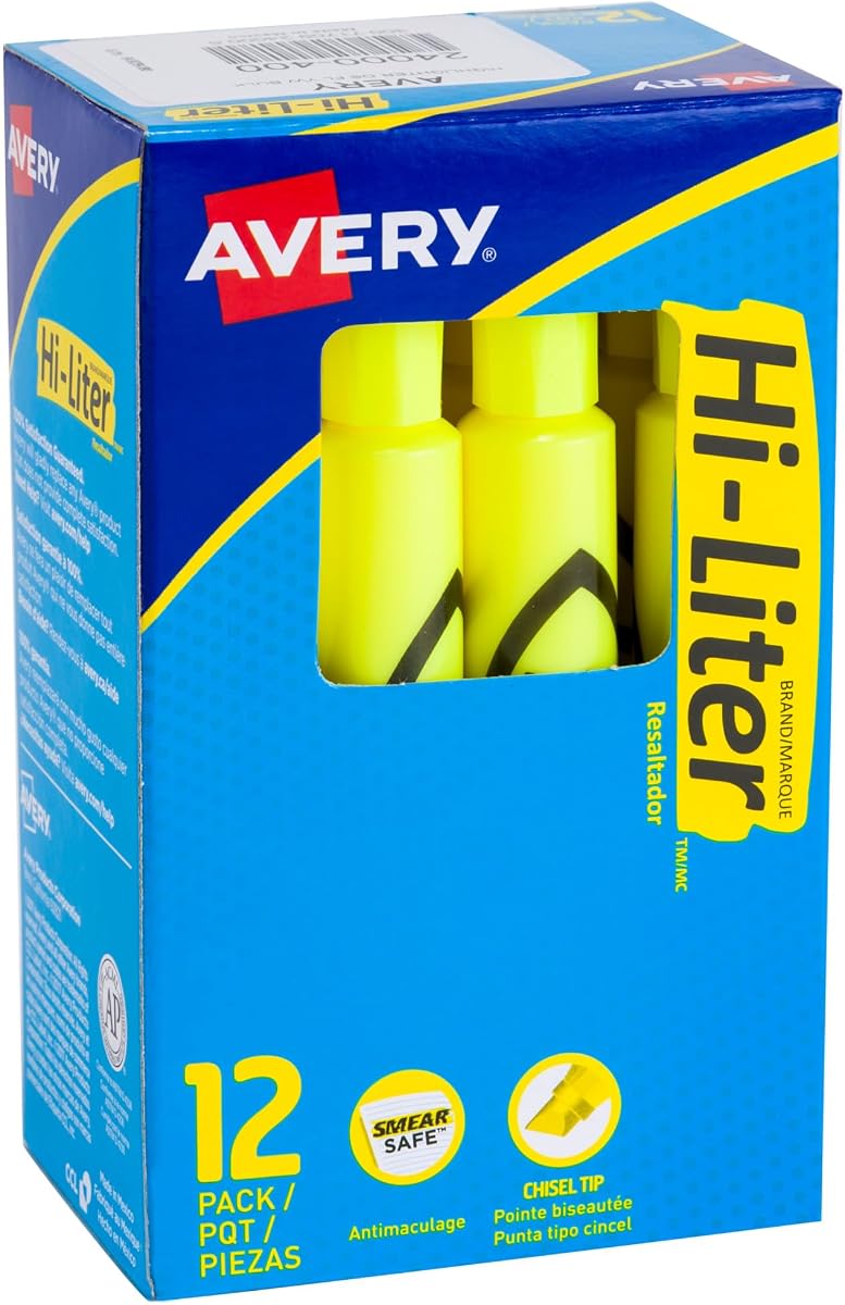 Avery Hi-Liter Desk-Style Highlighters, Smear Safe Ink, Chisel Tip, 12 Fluorescent Yellow Highlighters (24000)