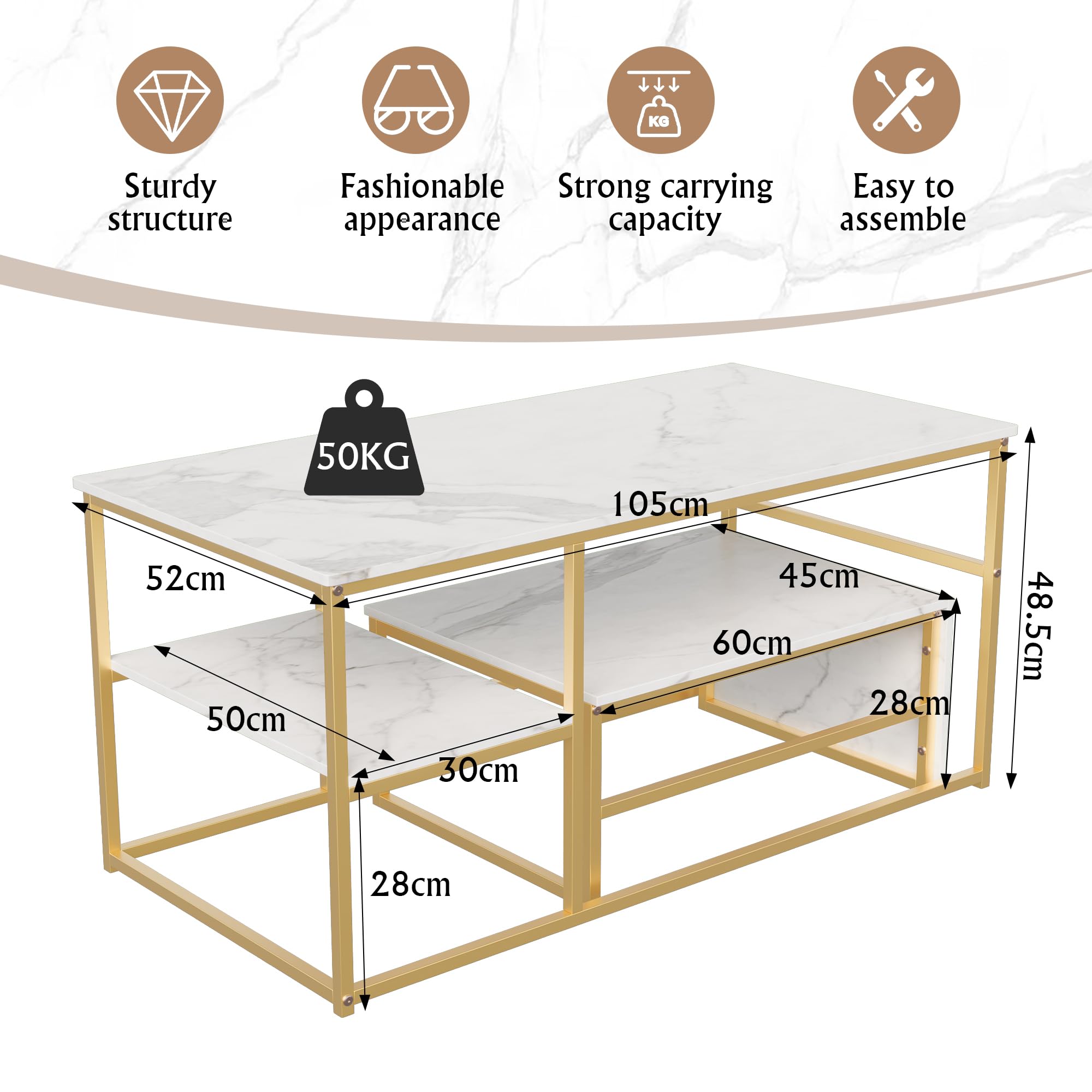 Juego de 2 Mesas de Salón Rectángulo: Mesa Centro + Auxiliar - Mesa de Café Anidables con Estructura Metal para Sala de Estar,Modernas,Blanco Dorado
