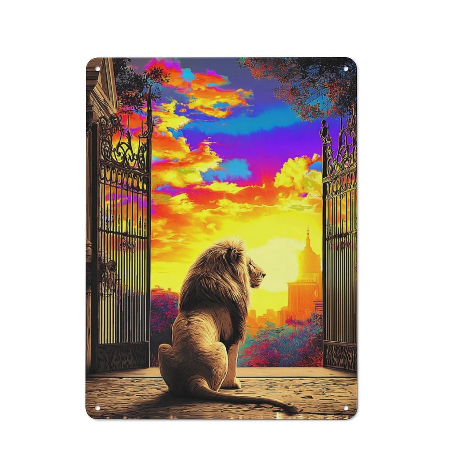 Junmoney Lion At The Gates Of A Vibrant Cityscape Tin Wall Plaque 40X30cm With For Garage Or Workshop, For An Autumn Wall Display In Garage And Workshop