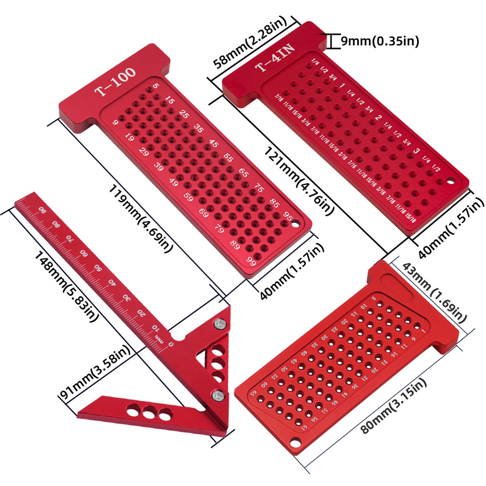 Juego de herramientas para carpintería, regla de aleación de aluminio y medidor de agujeros en forma de T, compacto y práctico para mediciones precisas, instrumentos de medición portátiles