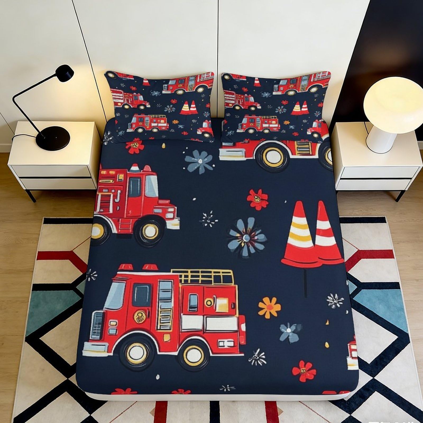 3D Printed Fire Truck Fitted Sheet Microfiber Dark Blue Decor Traffic Cone Bed Cover for Bedroom Guest Room 90x200x25cm