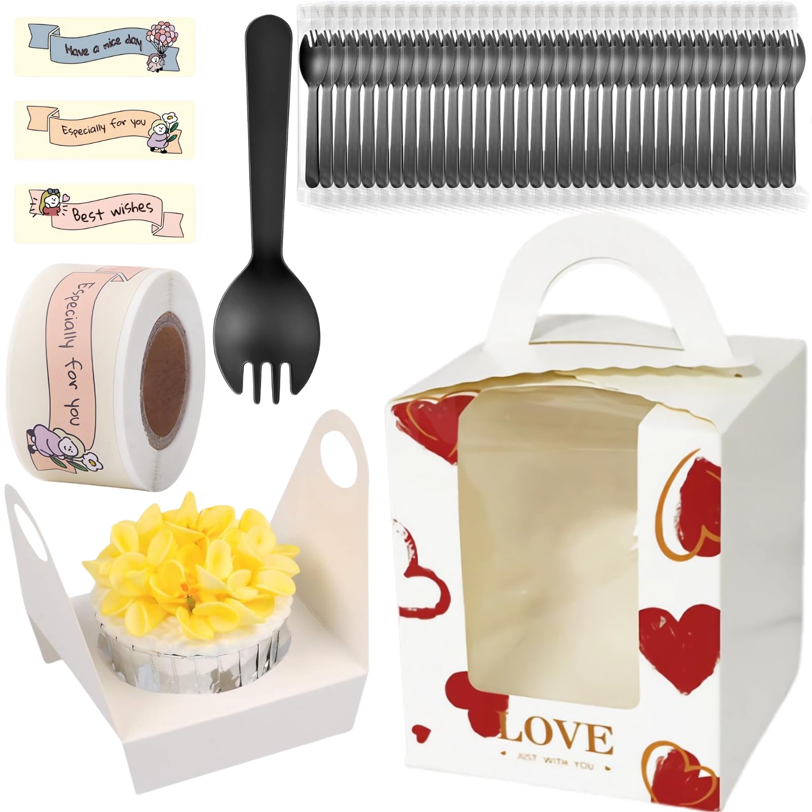 Atarvana Cupcake-Boxen aus Karton, einzeln mit Fenstereinsatz und Griff, einzelne Cupcake-Behälter mit 50 Löffeln und 120 Aufklebern für Bäckereien, Verpackungen, Partygeschenke, 50 Stück