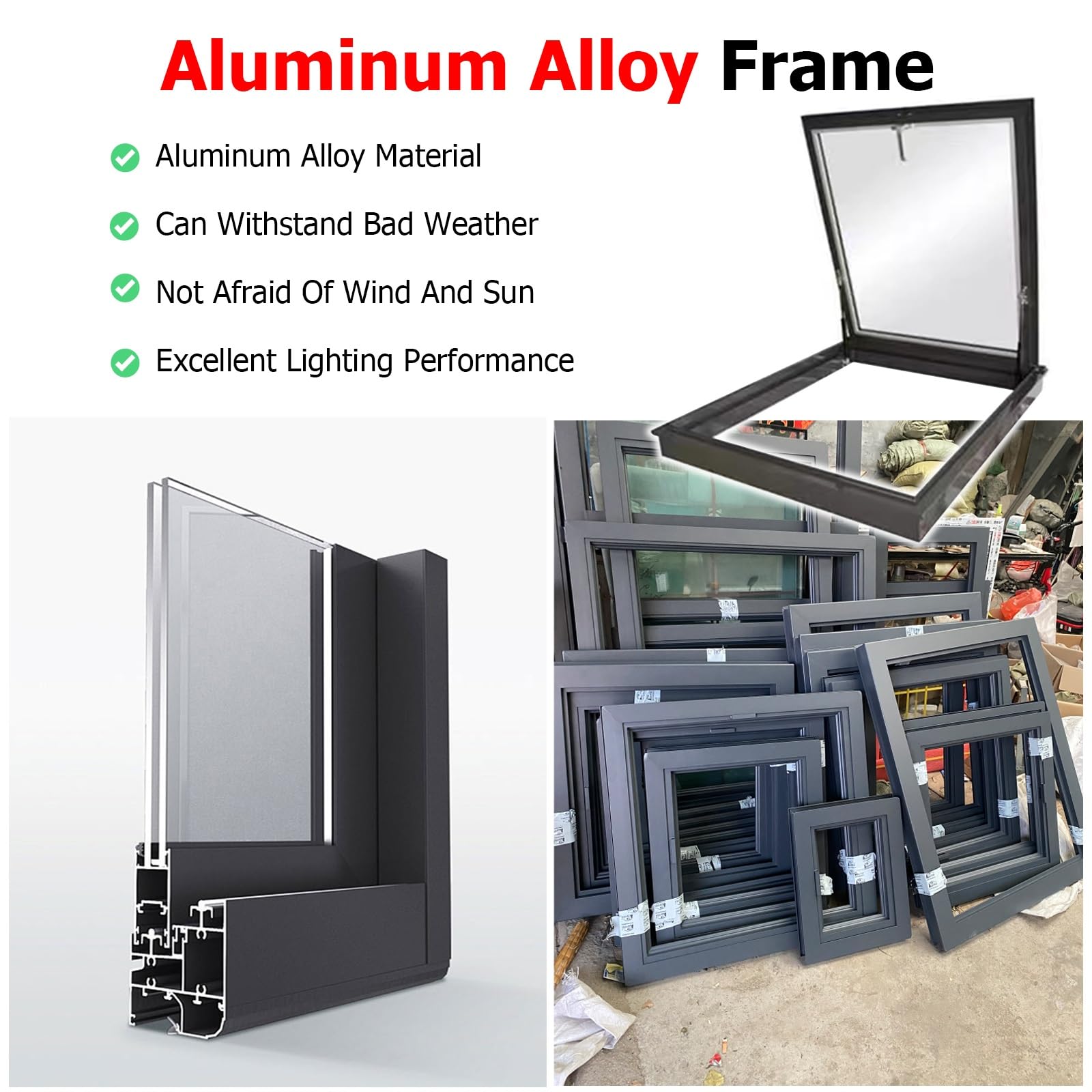 Aluminiowe okno dachowe do płaskich dachów – wielokątne oglądanie (400 x 400 mm, 600 x 600 mm, 900 x 900 mm) i konstrukcja studni świetlnej (600 x 750 mm) do pomieszczeń słonecznych i dachów