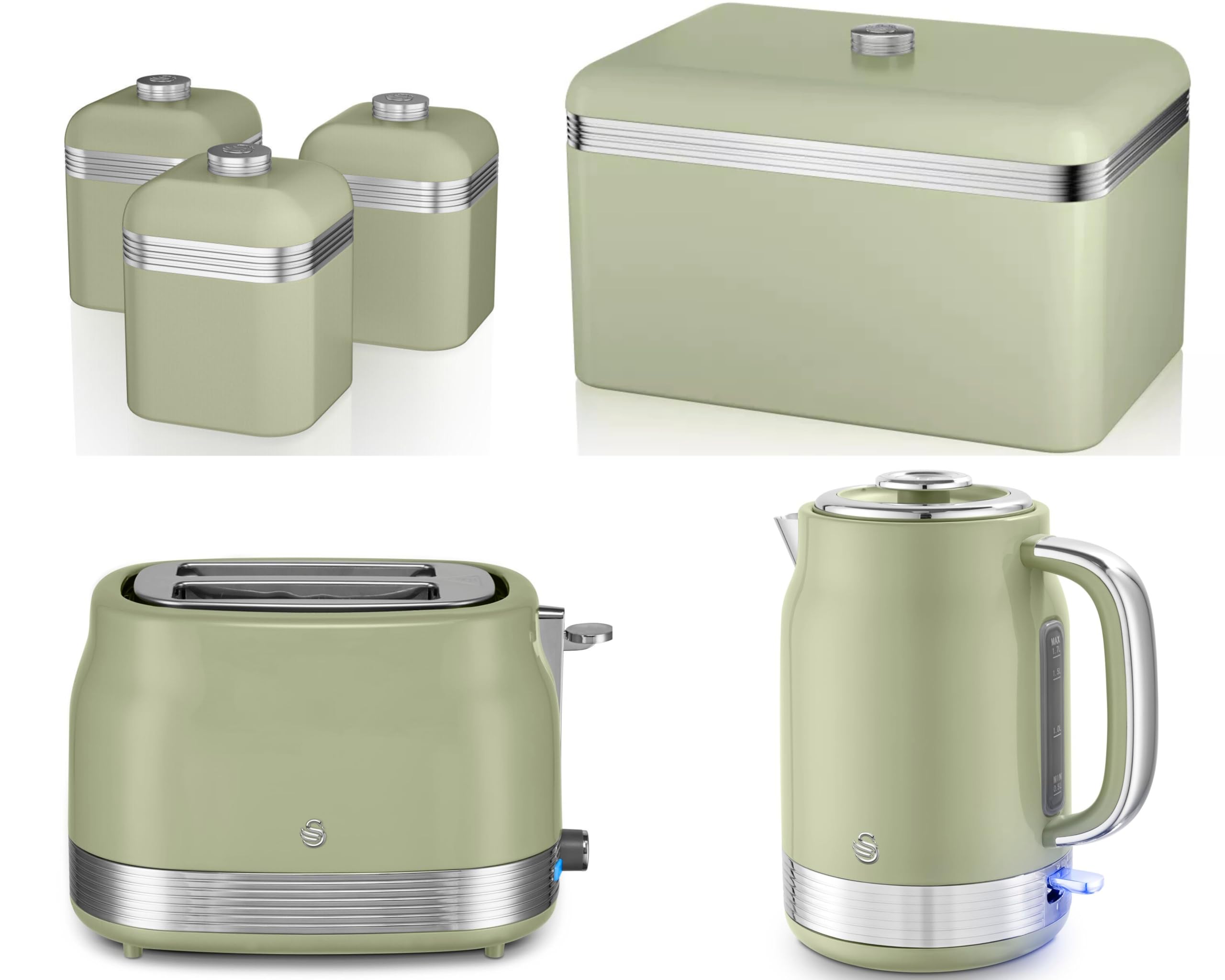 Swan Green Retro Revive 1.7L 3Kw Jug Kettle, 2 Slice Toaster, Retro Breadbin And Canisters. Matching Retro Kitchen Set Of 6 In Vintage With Chrome Accents