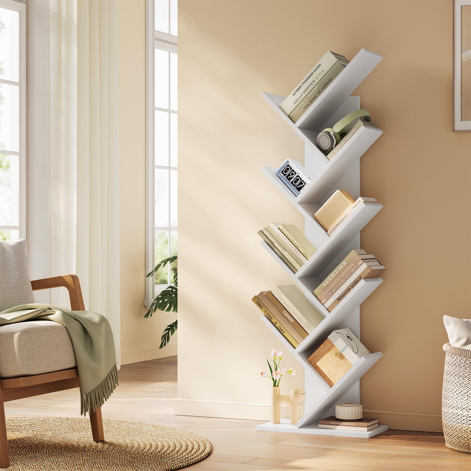 EUGAD Libreria ad Albero Moderna Scaffale Salvaspazio a 9 Ripiani in Legno Porta Libri per Soggiorno Camera Studio Bianco, 40x20x127cm