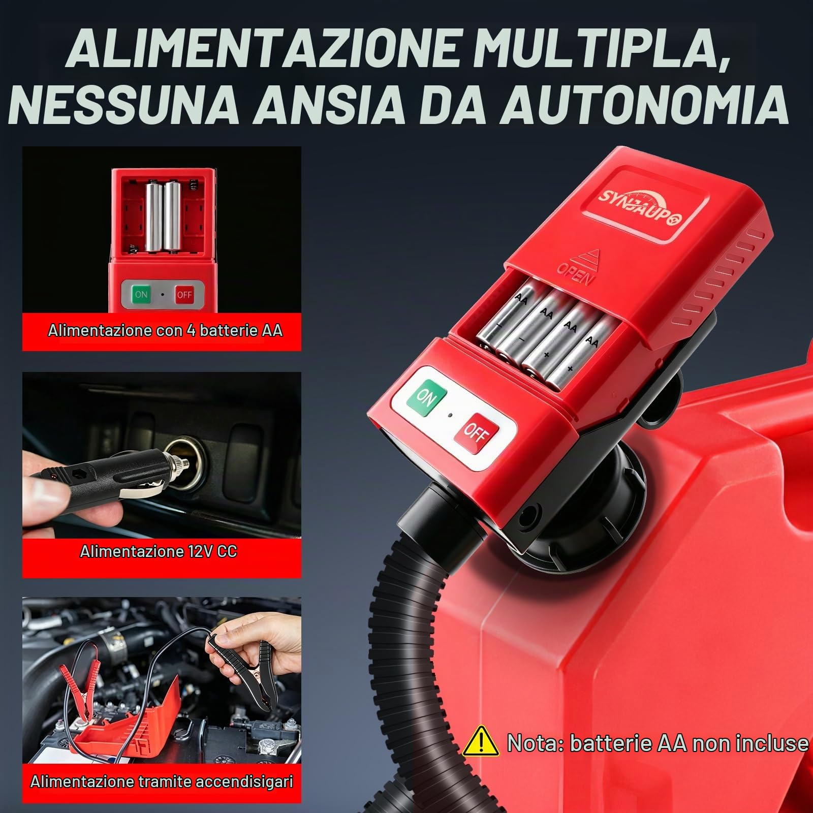 Pompa per Travaso Benzina con Sensore di Arresto Automatico,3.2GPM | 12 L/min,Ricarica a 12 V CC, Ricarica Tramite Accendisigari,Ingresso Olio da 28 mm,Adattatore di 4 Dimensioni,Tubo da 130 cm
