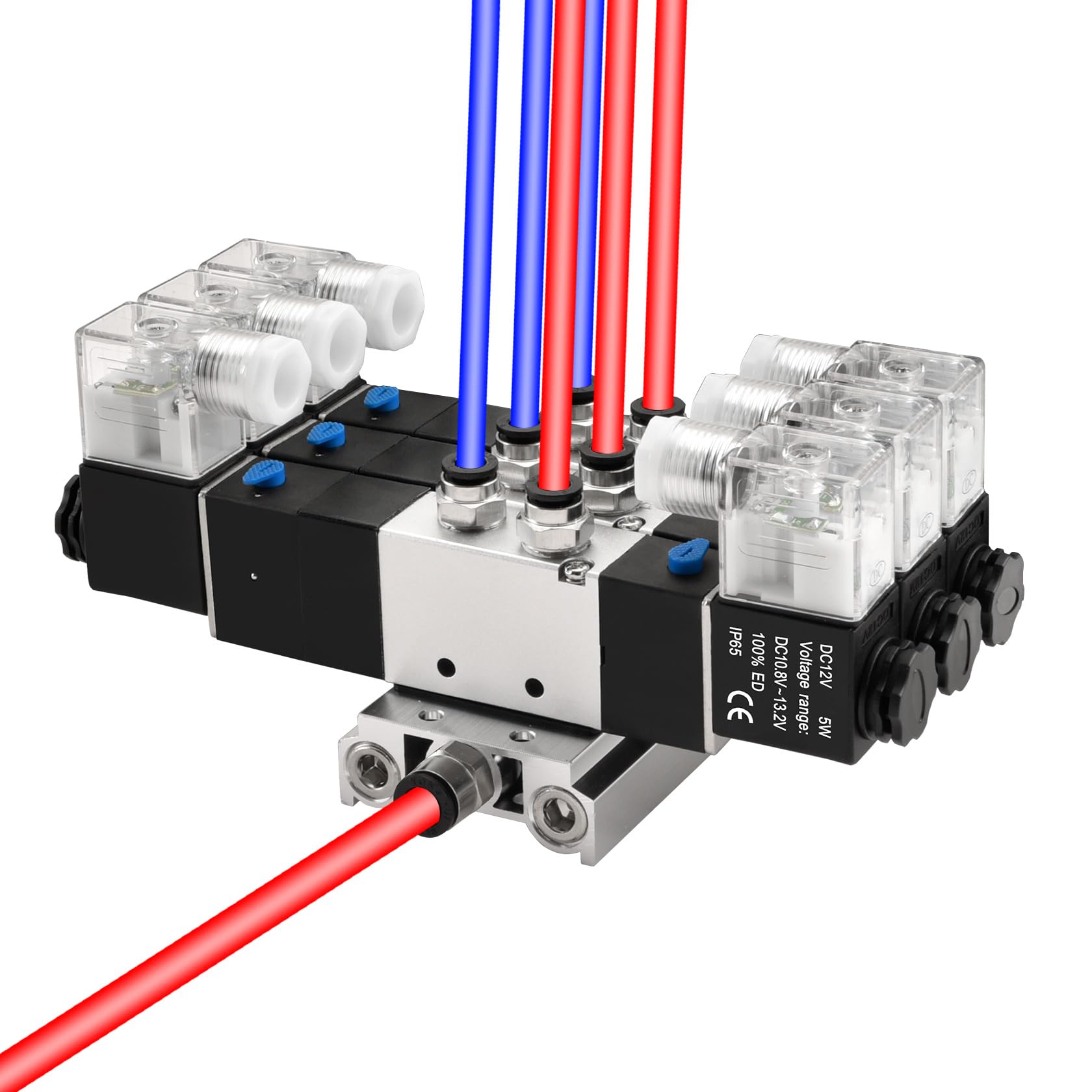 Heschen Elektrisches Pneumatisches Dreifach-Magnetventil, 4V230C-08, 12VDC, PT1/4, 5-Wege-3 Positionen, Krümmerbasis, Schalldämpfer, Schnellbefestigungsset, CE