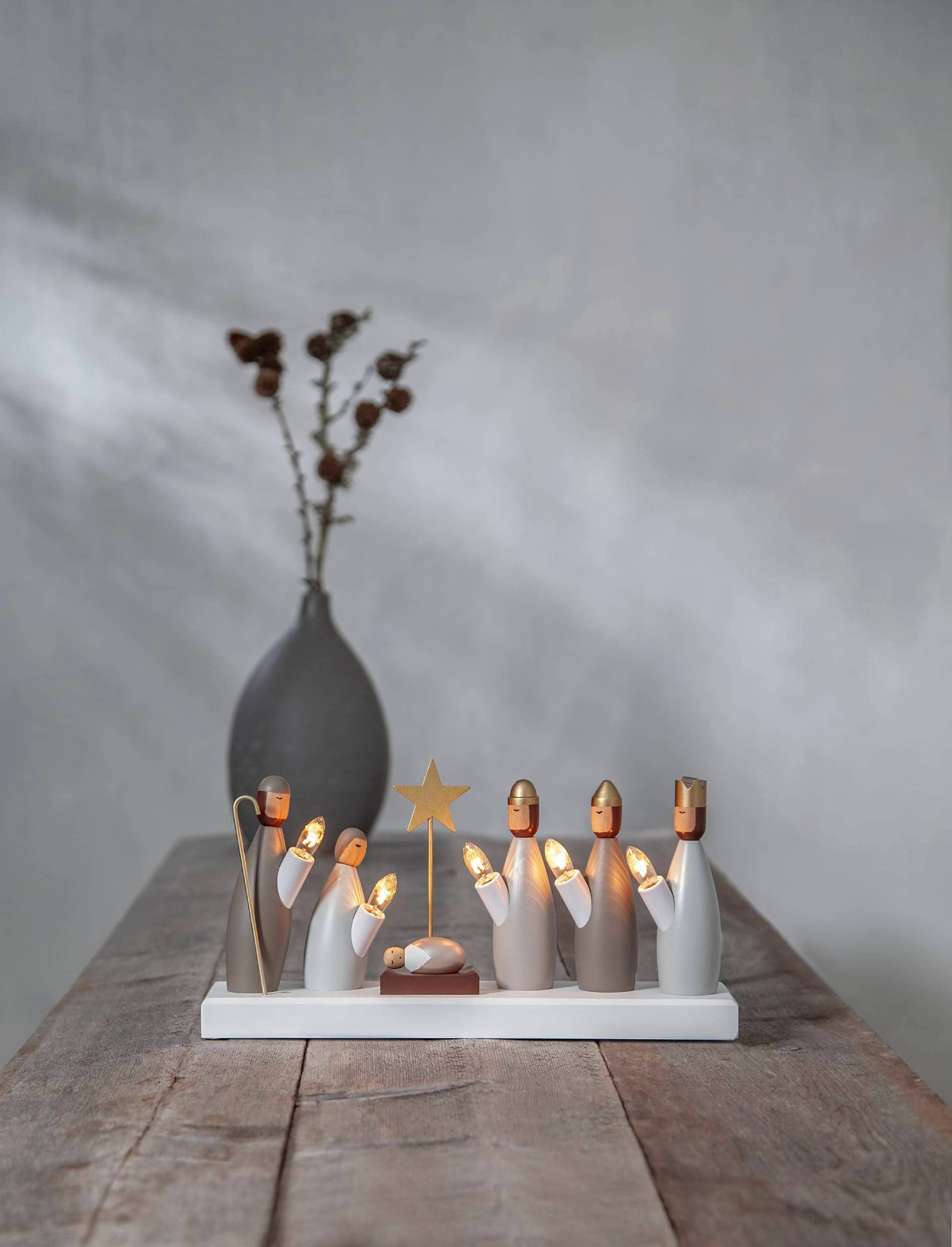 EGLO Lanterne de Noël avec 5 ampoules, chandelier de fenêtre avec | personnages de crèche en bois éclairés, arche de Noël avec câble, E10, blanc chaud