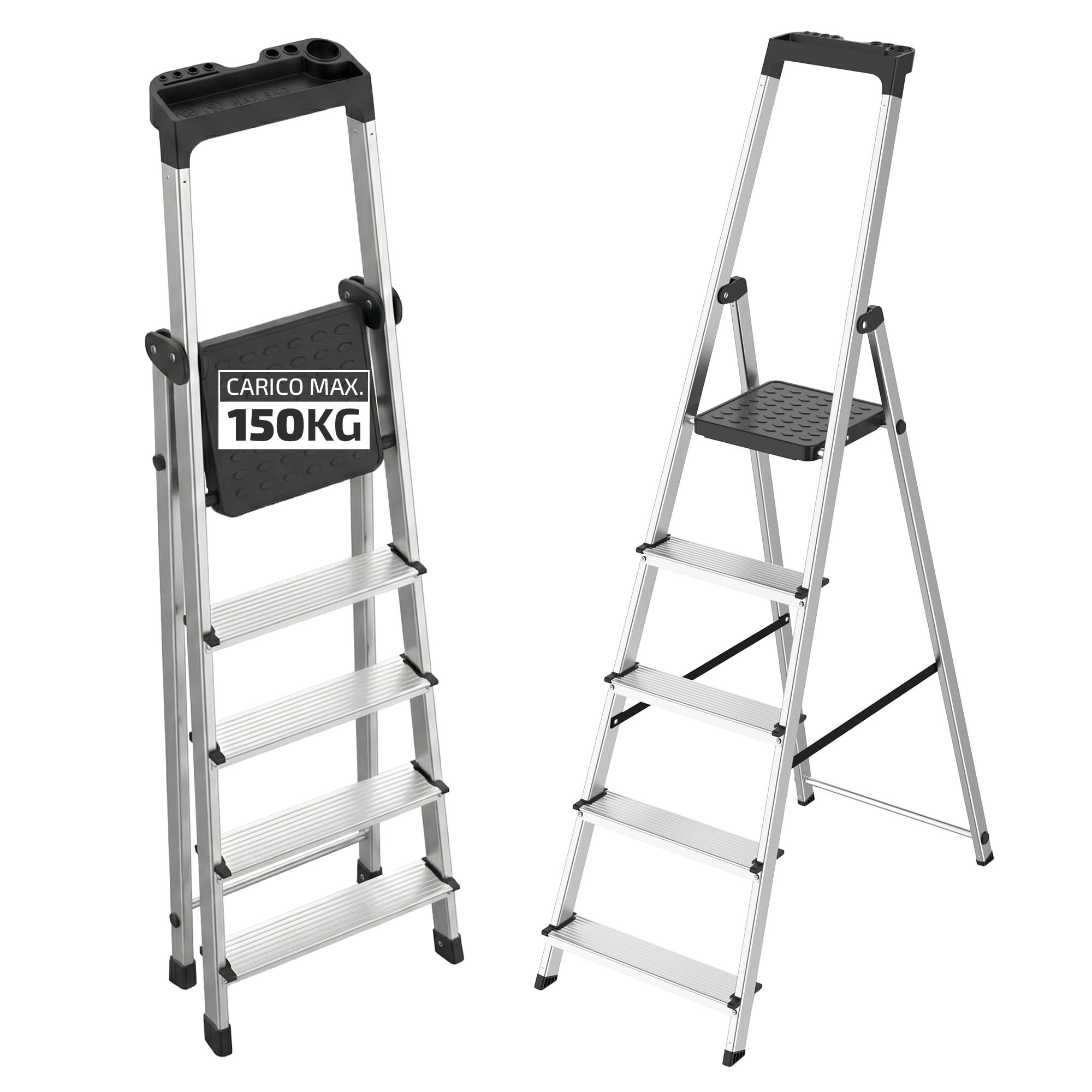 Scala Pieghevole in Alluminio a 5 Gradini con con Vassoio Portautensili Integrato || EN 131 || Portata 150kg || Struttura Robusta e Leggera per Casa, Ufficio e Fai da Te