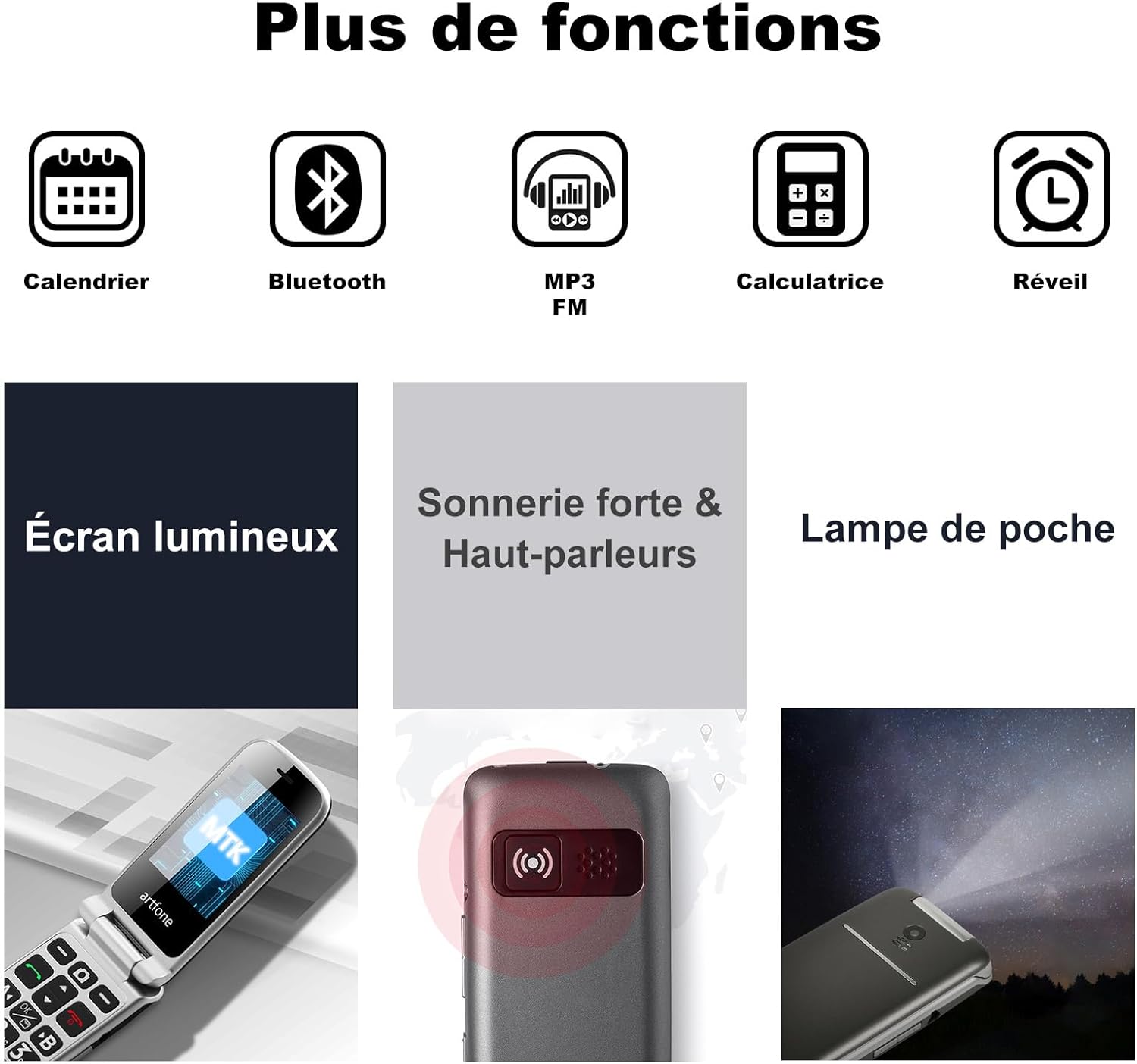 Icons representing various functions of the artfone G3: Calendar, Bluetooth, MP3/FM, Calculator, Alarm, Bright Screen, Loud Ringtone, Flashlight