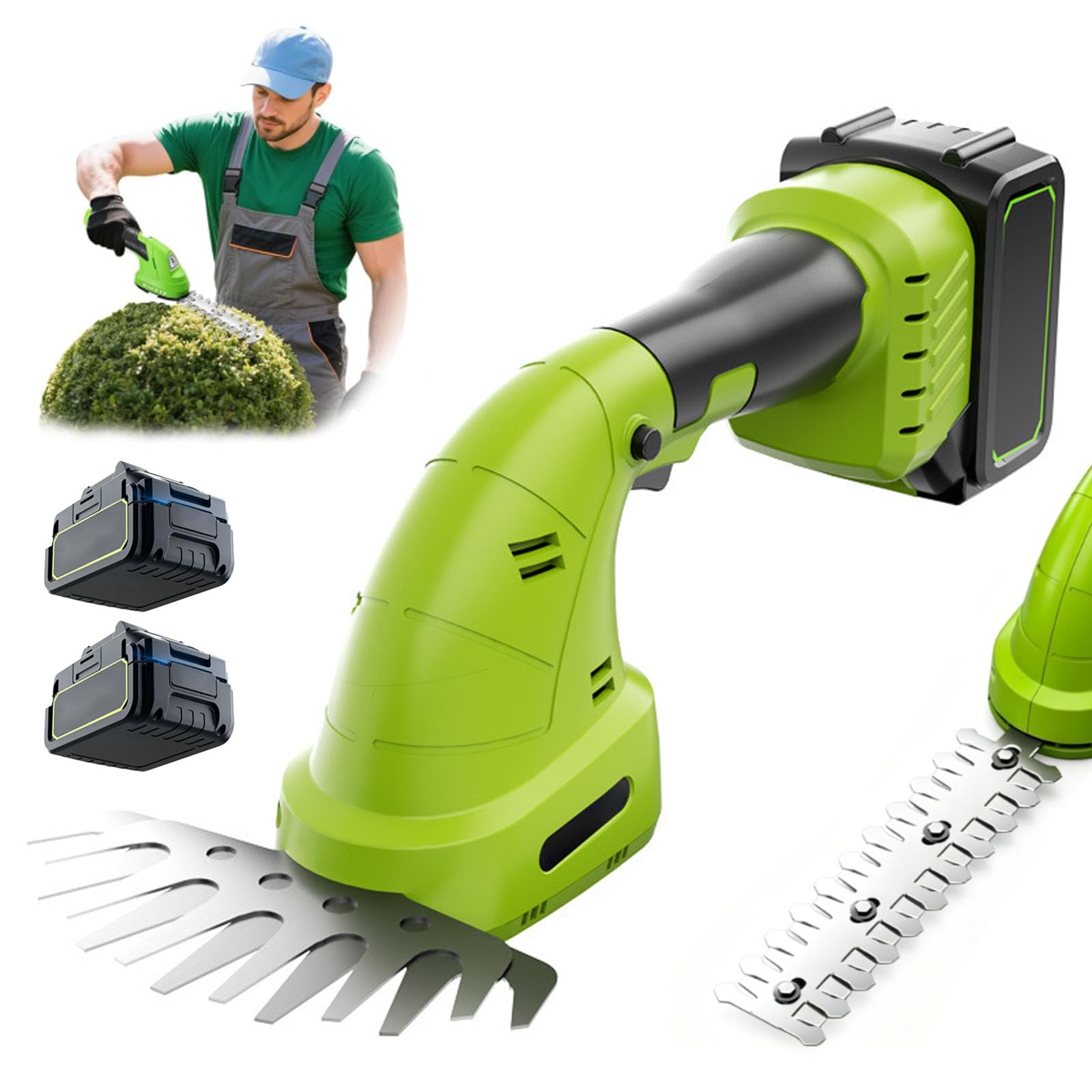 Cortasetos y Tijera de Césped Inalámbrica 2 en 1, Cortasetos de Mano de 1580W con 2 Modos de Poda, Protección Inteligente de 9 Capas para Jardinería, Corte y Recorte 2 Batteries
