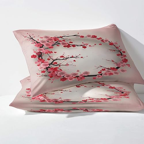 Miniatura 2 de Funda de edredón de flor de cerezo tamaño matrimonial  Juego de ropa de cama floral rosa Sakura  3 piezas  Funda de edredón con patrón de microfibra