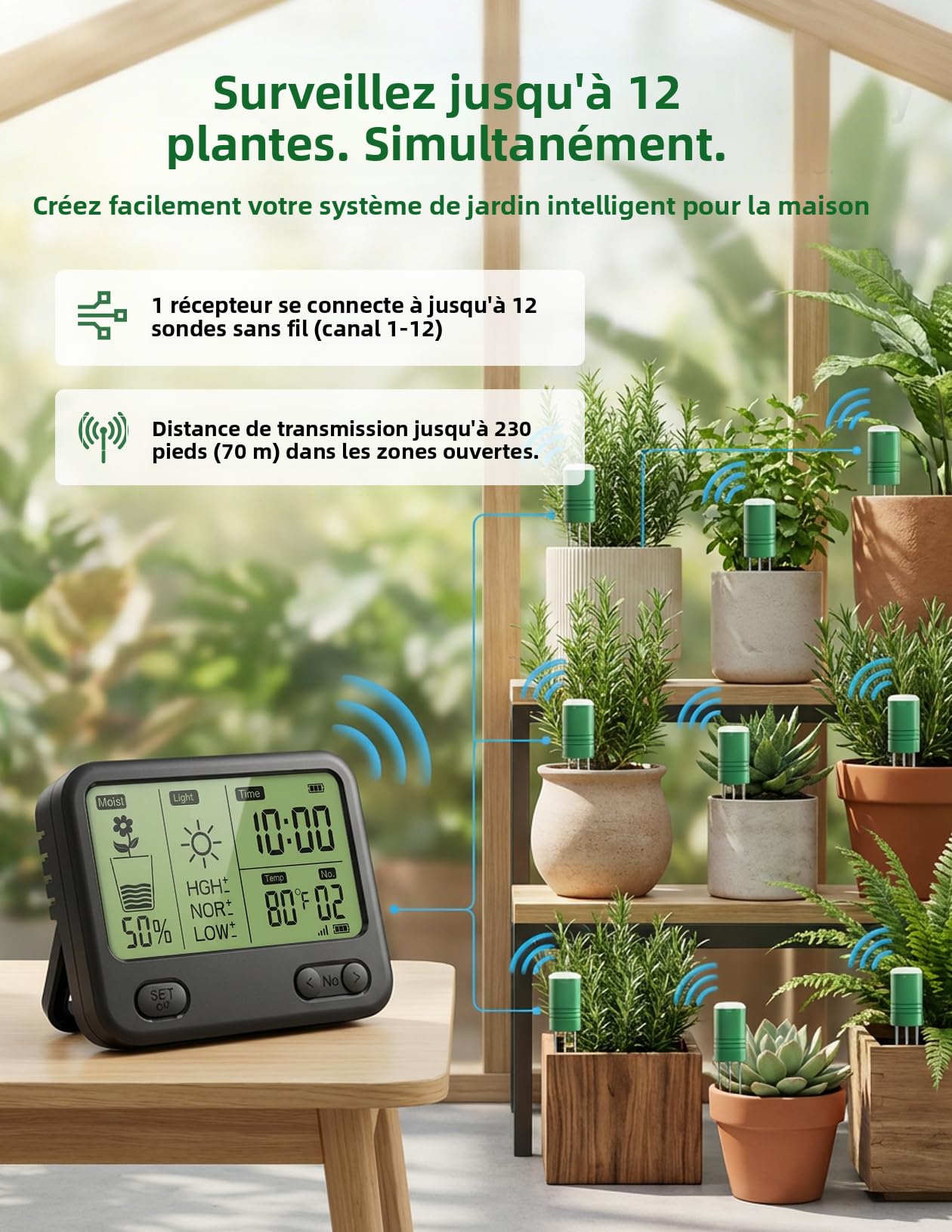 Boden Feuchtigkeitsmesser für Pflanzen,Gartenboden Temperatur/Feuchtigkeit/Sonnenlicht/Zeit /4-in-1 Feuchtigkeitsmessgerät Pflanzen für Gartenarbeit,Rasen (1 Monitor + 4 Sensoren)