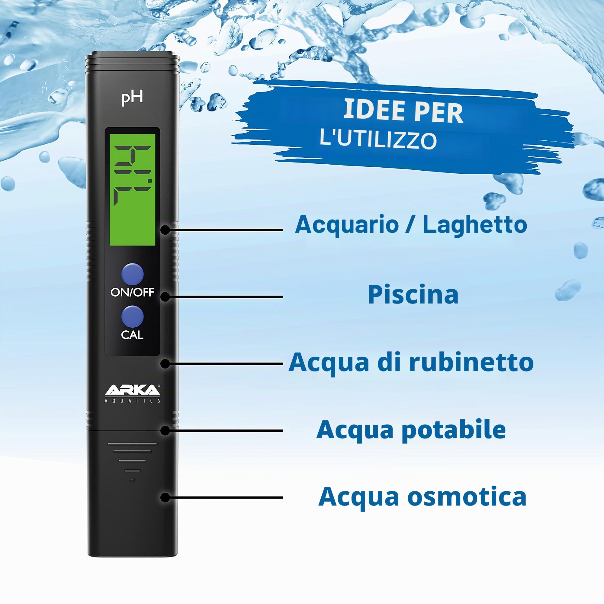 ARKA myAQUA® PH/TDS/EC - Misuratore | Misura PH, TDS, EC e Temperatura dell'Acqua | con Soluzione di calibrazione e Polvere di calibrazione | Ideale per Acquario, Piscina, laghetto e Acqua Potabile