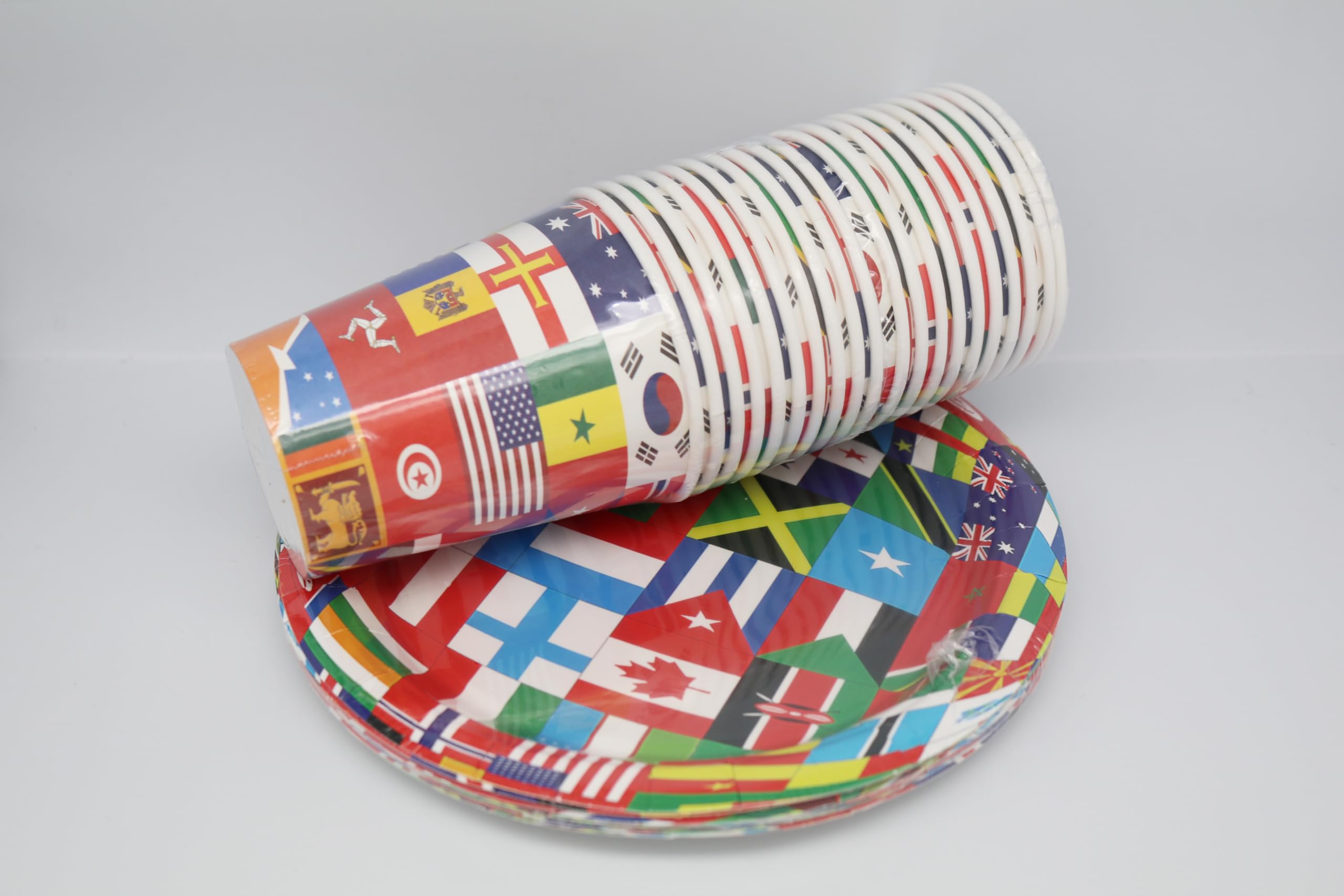 Stoviglie per festa di compleanno con bandiere internazionali, decorazioni, tovaglie, bicchieri di carta, piatti e tovaglioli per una festa di 20 persone