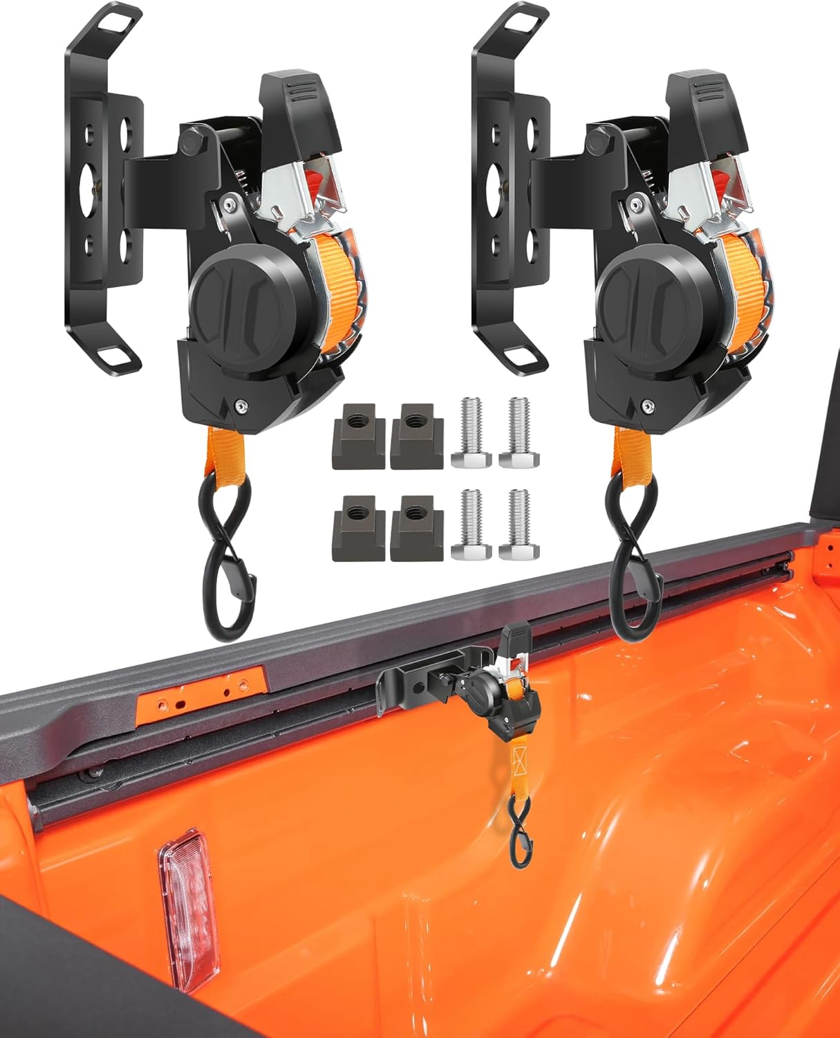 2PCS Retractable T-Slot Tie Down Ratchet Strap for Models with T-Track (Carriages or Luggage Eacks), Compatible with Dodge Ram 1500(Carriage Reserved Hole Installation) T-Slot Rack Accessories