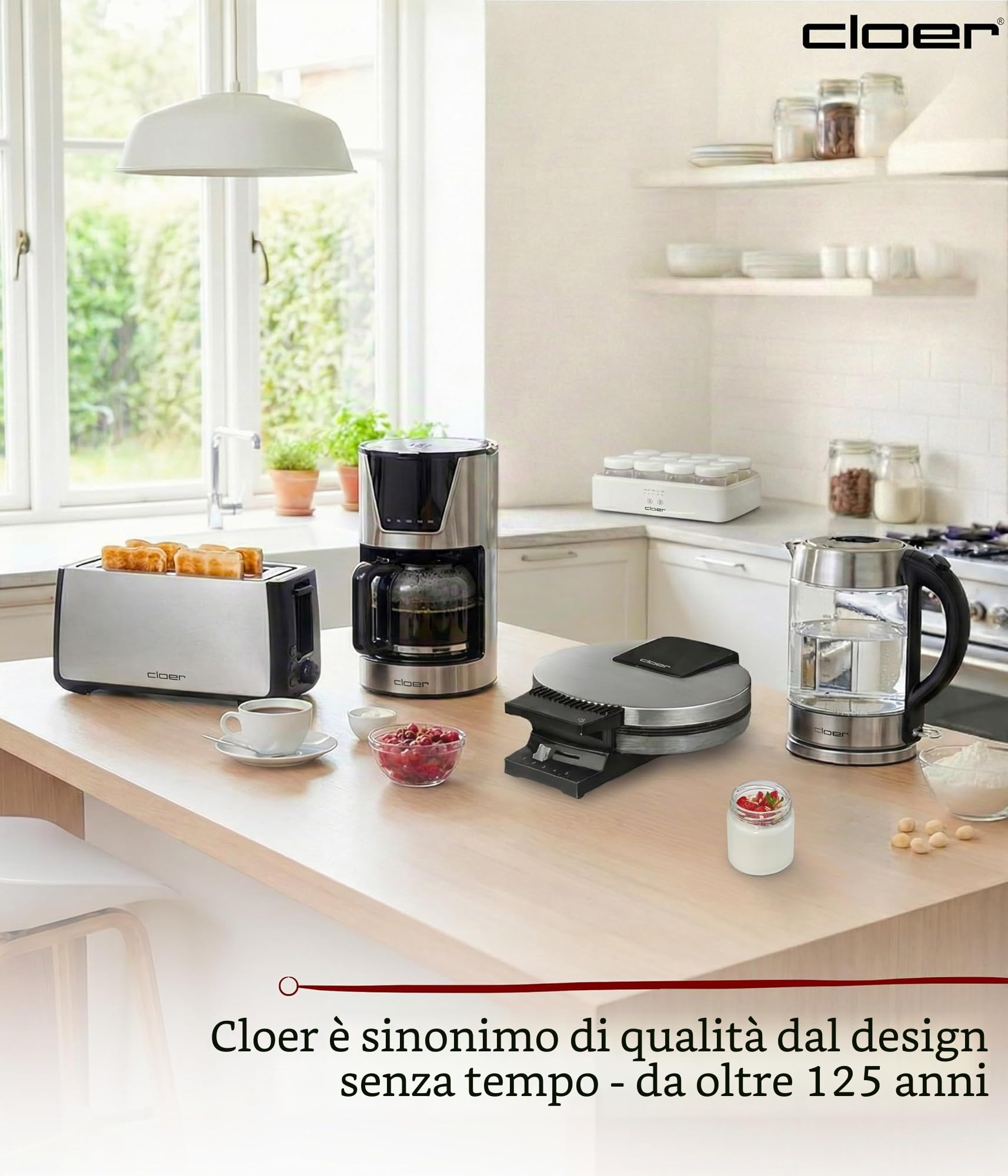 Cloer 9921 Yogurtiera per 12 vasetti, ciascuno da 150 ml di capacità, per yogurt e colture di fermentazione, timer, 8–14 ore, corpo in plastica bianca, 17 W, coperchio trasparente