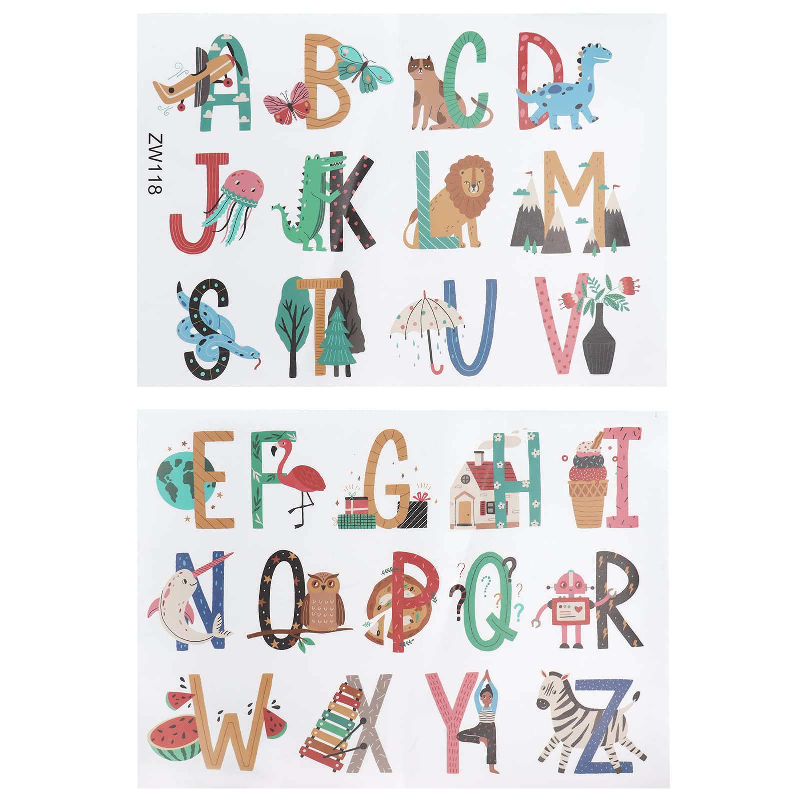 AUNMAS 2Pcs PVC Wall Sticker, Alphabet Wall Decals Colourful A-Z Animals Plants Pattern Kids Wall Sticker English Letters Pattern Wall Sticker for Kids Nursery Bedroom Living Room Decor