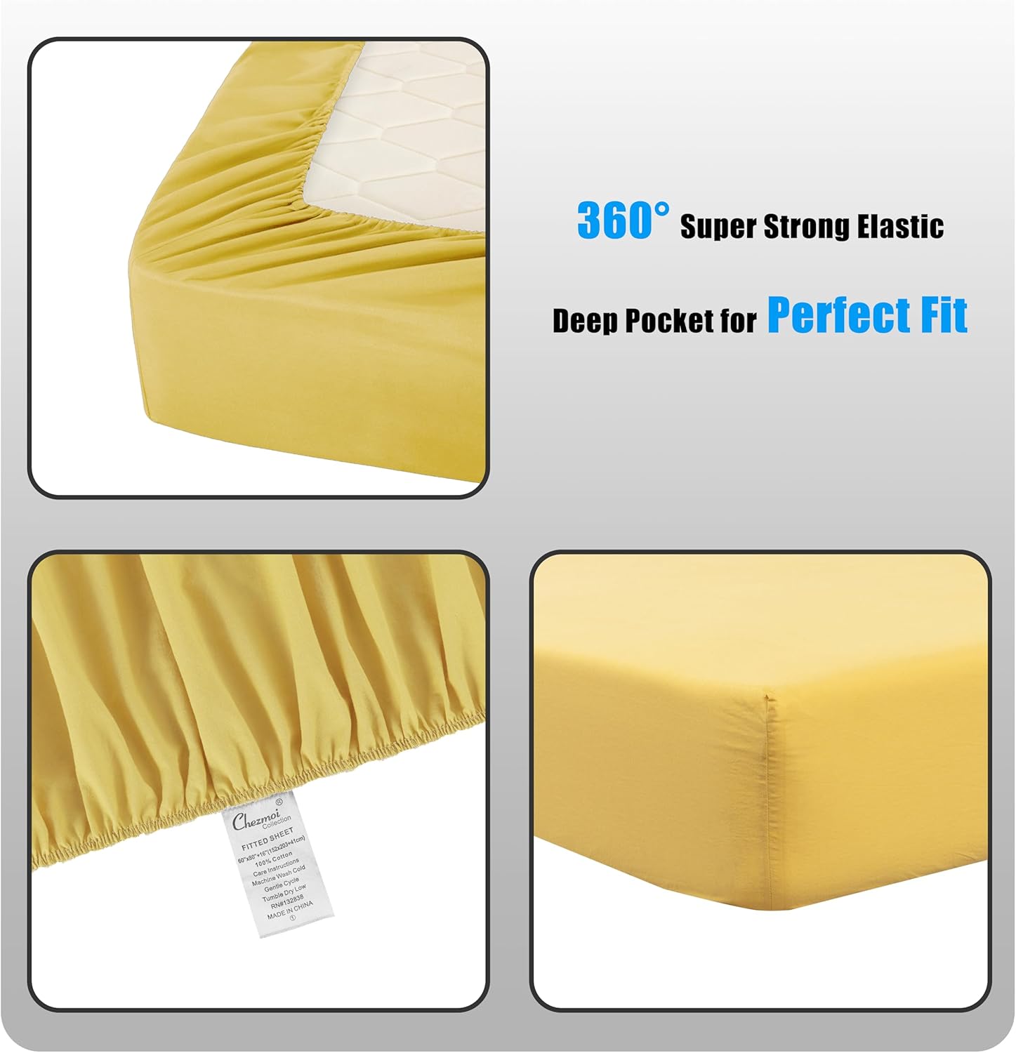 Chezmoi Collection Solid Yellow 100% Washed Cotton Bed Sheet Set Queen Size, 4-Piece Luxury Soft Breathable 16-Inches Deep Pocket Sheets and Pillowcases Set