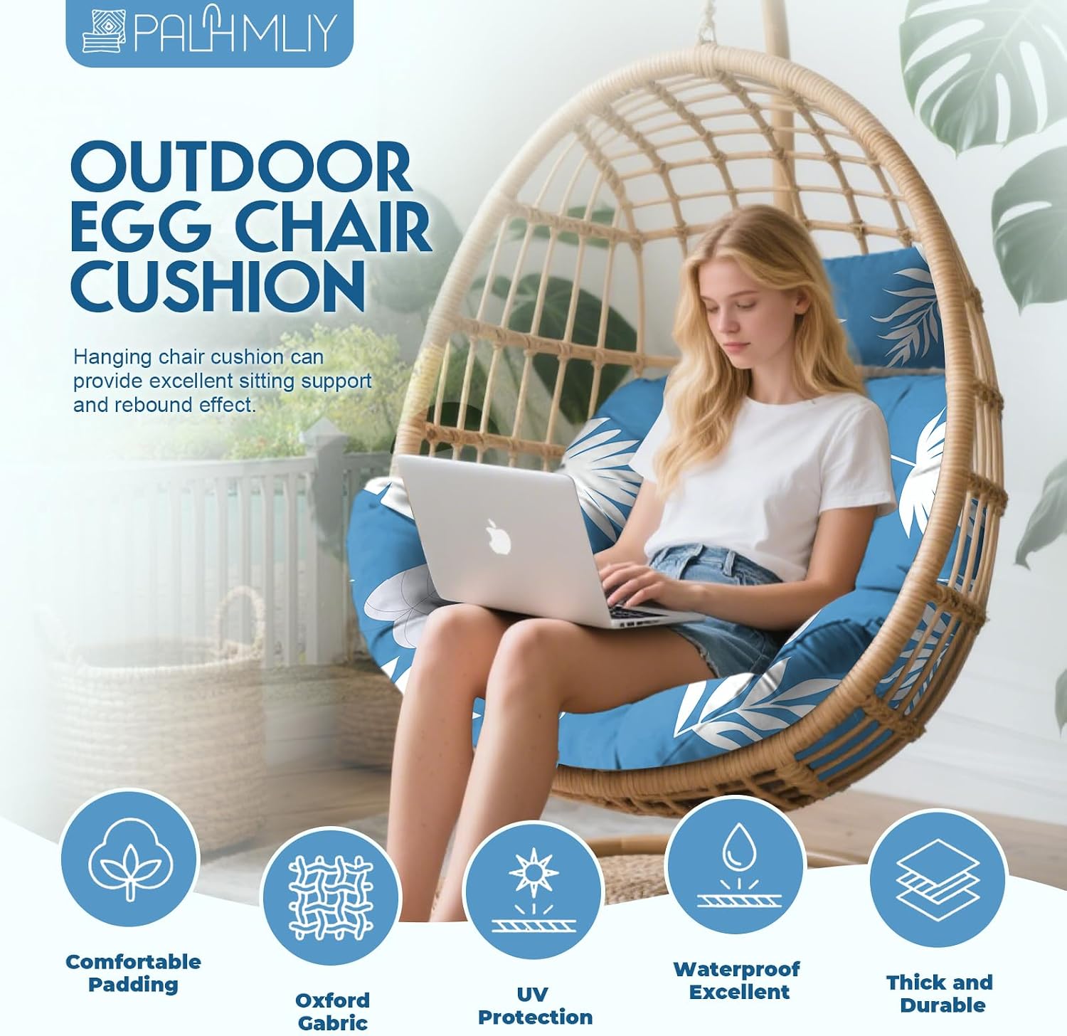 Outdoor Egg Chair Cushion, Thick Chair Replacement Cushion, Hanging Egg Chair Cushion, U-Shaped Patio Cushions with Headrest Pillow for Outdoor Furniture 47x40x7 Inches (Blue Leaves)