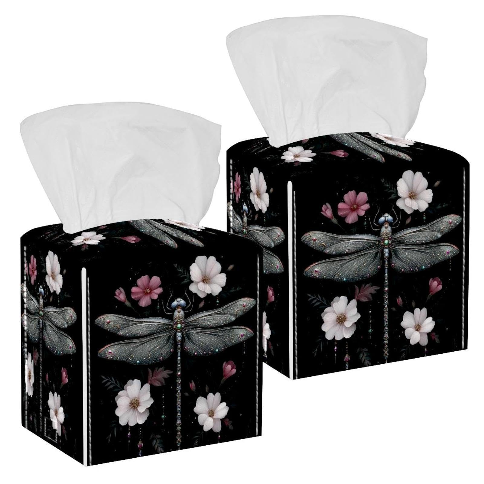Dragonfly Tissue Box Cover, 2 Pack PU Leather Square Facial Tissue Dispenser Box holder for Home Office Car