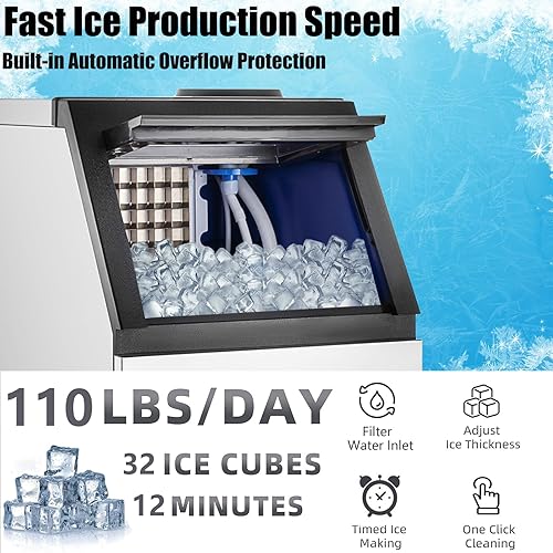 Miniatura 3 de Máquina comercial para hacer hielo de 110 libras24 horas, contenedor de 33 libras, máquina de cubitos de hielo de 220 W de bajo consumo y silenciosa