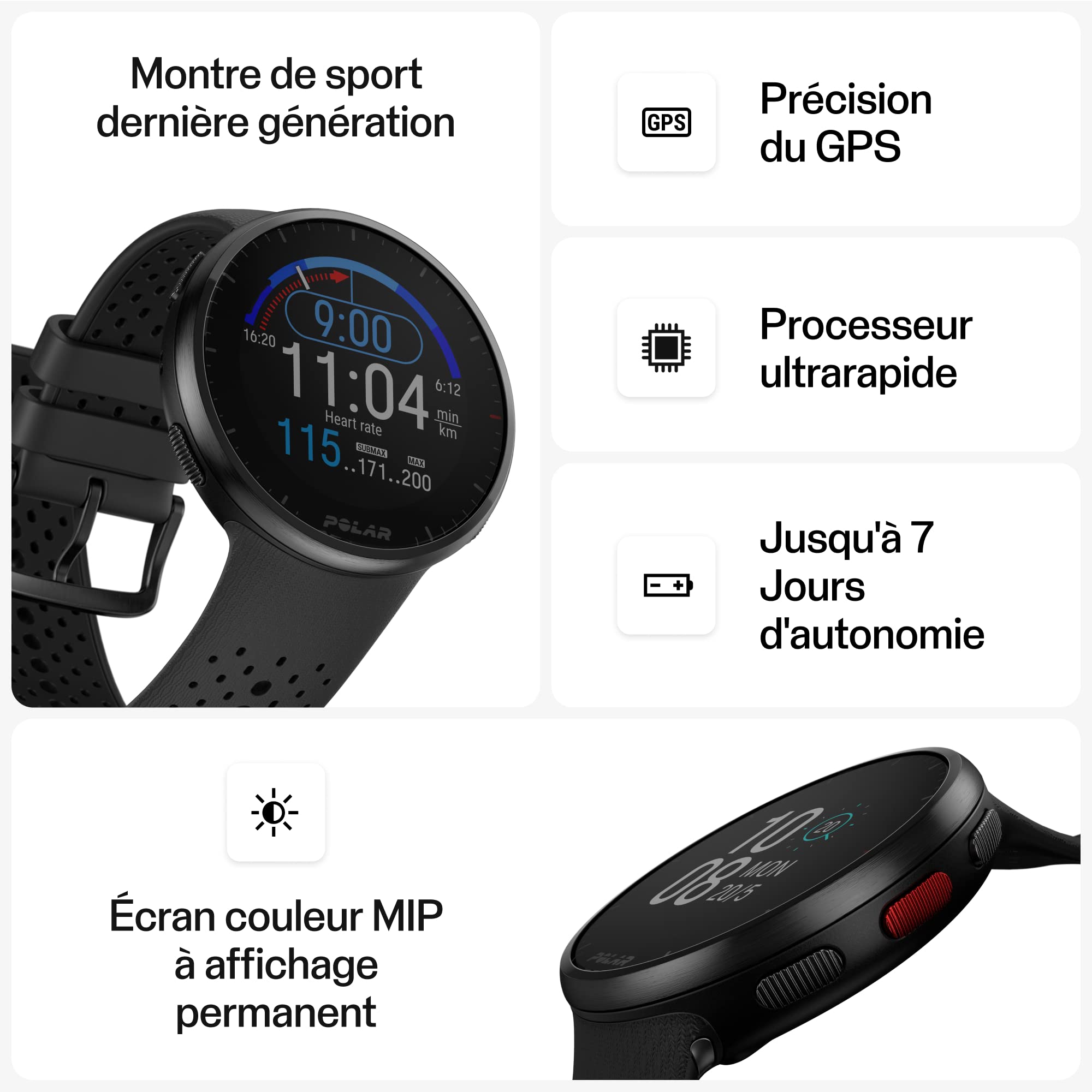 Polar Pacer Pro Montre Sport GPS Cardiofréquencemètre Poignet Hommes Femmes Entraînement Running Suivi Sommeil