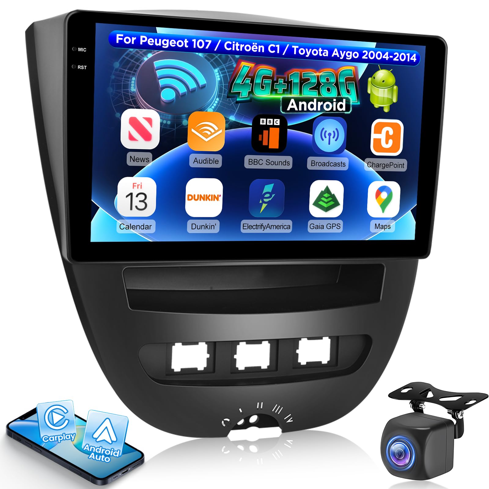 NHOPEEW 4+128G Autoradio per Peugeot 107 / Citroen C1 / Toyota Aygo 2004-2014 con Carplay Android Auto - Schermo incell da 10 pollici Supporto WiFi GPS Comandi al volante + Telecamera di retromarcia