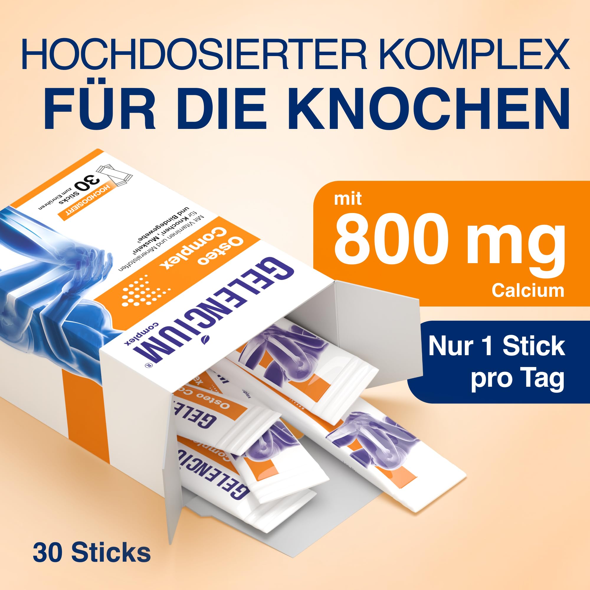 Gelencium Osteo Complex – 800 mg Calcium aus 3 Quellen – 30 Sticks | CalGo Hydroxyapatit, Sango-Koralle & Calciumcitrat · Mit Vitamin D3, K2 & Mangan für normale Knochen