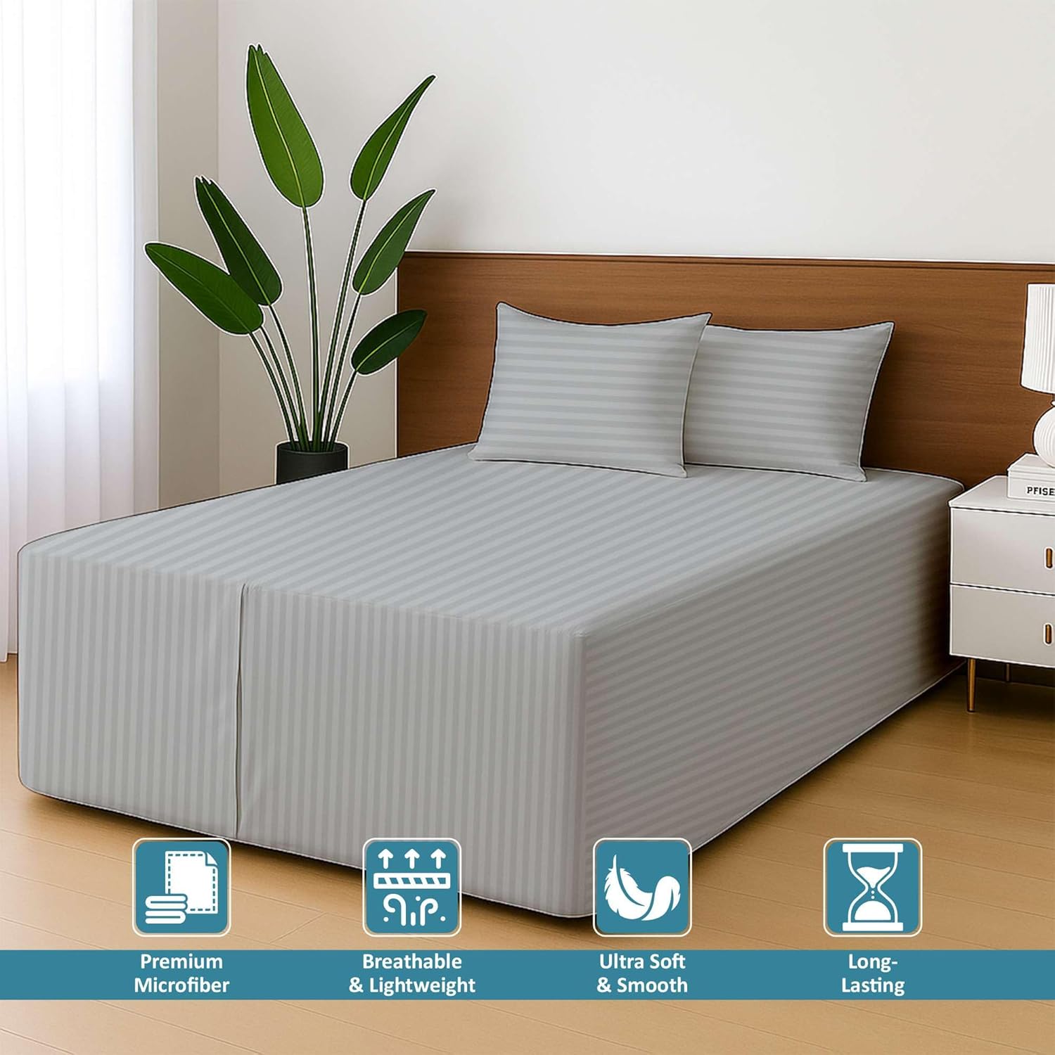Ready To Rest Twin XL Size Air Mattress Sheet Set - Fits 18in to 24in Pillow Top - for Guests, Camping, RVs, Includes 2 Pillowcase, 1 Flat Sheet & 1 Fitted Sheet (Light Grey Stripe)