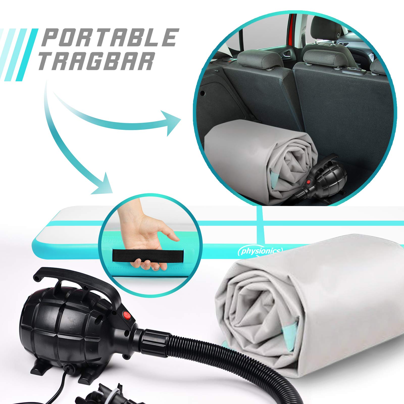 Physionics® Air Matte Track - 3/4/5/6/7/8 m, aufblasbar, mit elektrischer Luftpumpe, Farbwahl - Turnmatte, Gymnastikmatte, Tumbling Matte, Trainingsmatte, Fitnessmatt, Yogamatte