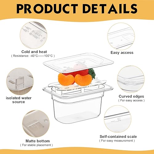 Miniatura 4 de Sunnyray Juego de 6 sartenes de policarbonato de tamaño 19 con tapas y estante de drenaje, recipientes cuadrados profundos para almacenamiento de