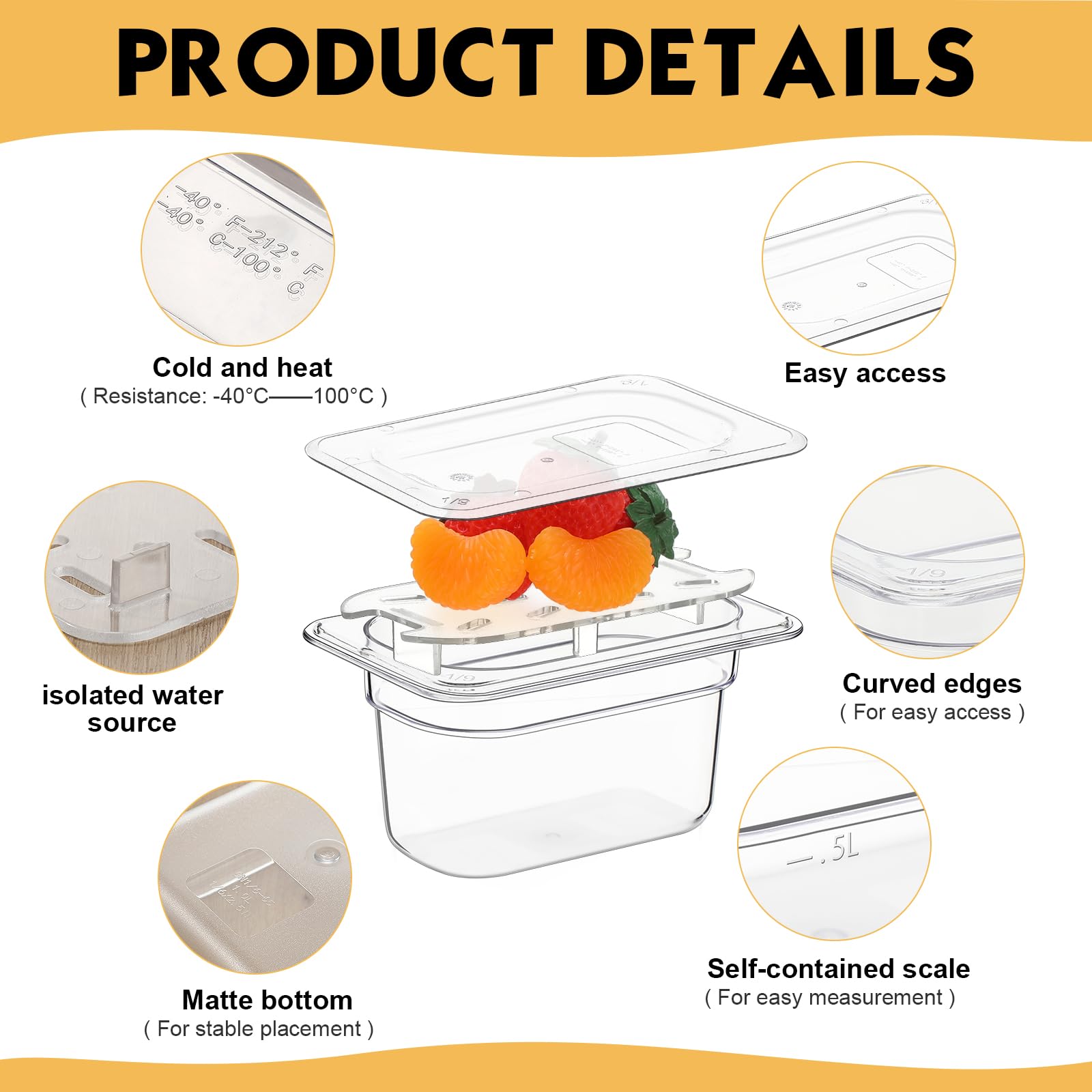 Sunnyray Juego de 6 sartenes de policarbonato de tamaño 1/9 con tapas y estante de drenaje, recipientes cuadrados profundos para almacenamiento de alimentos para cocina, restaurante, frutas y verduras