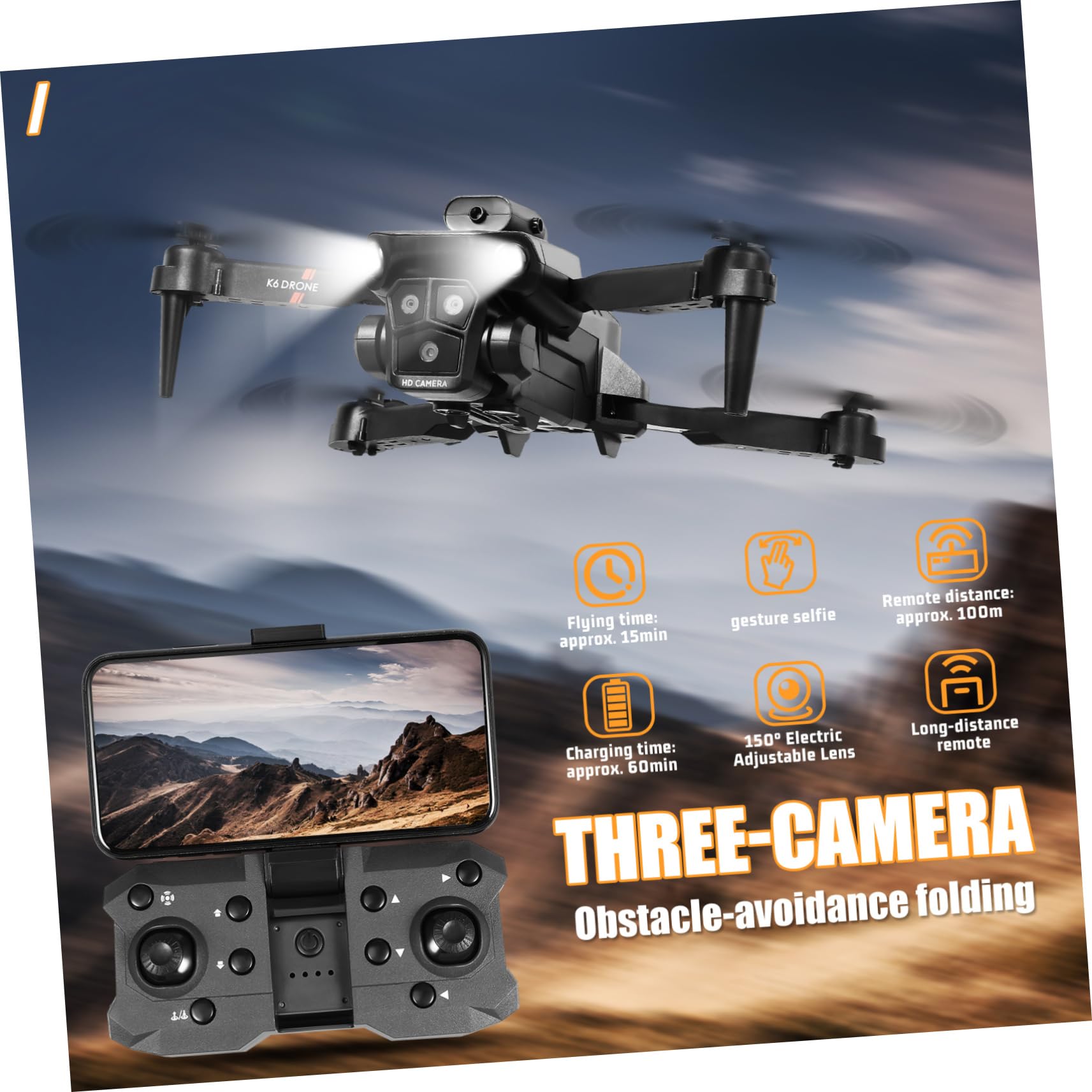Drone Pieghevole Max con Tre Camere HD e Doppia Batteria | Sistema Anticollisione, Lente Elettrica Regolabile 150°, Abs Nero, 1800mah 3,7v