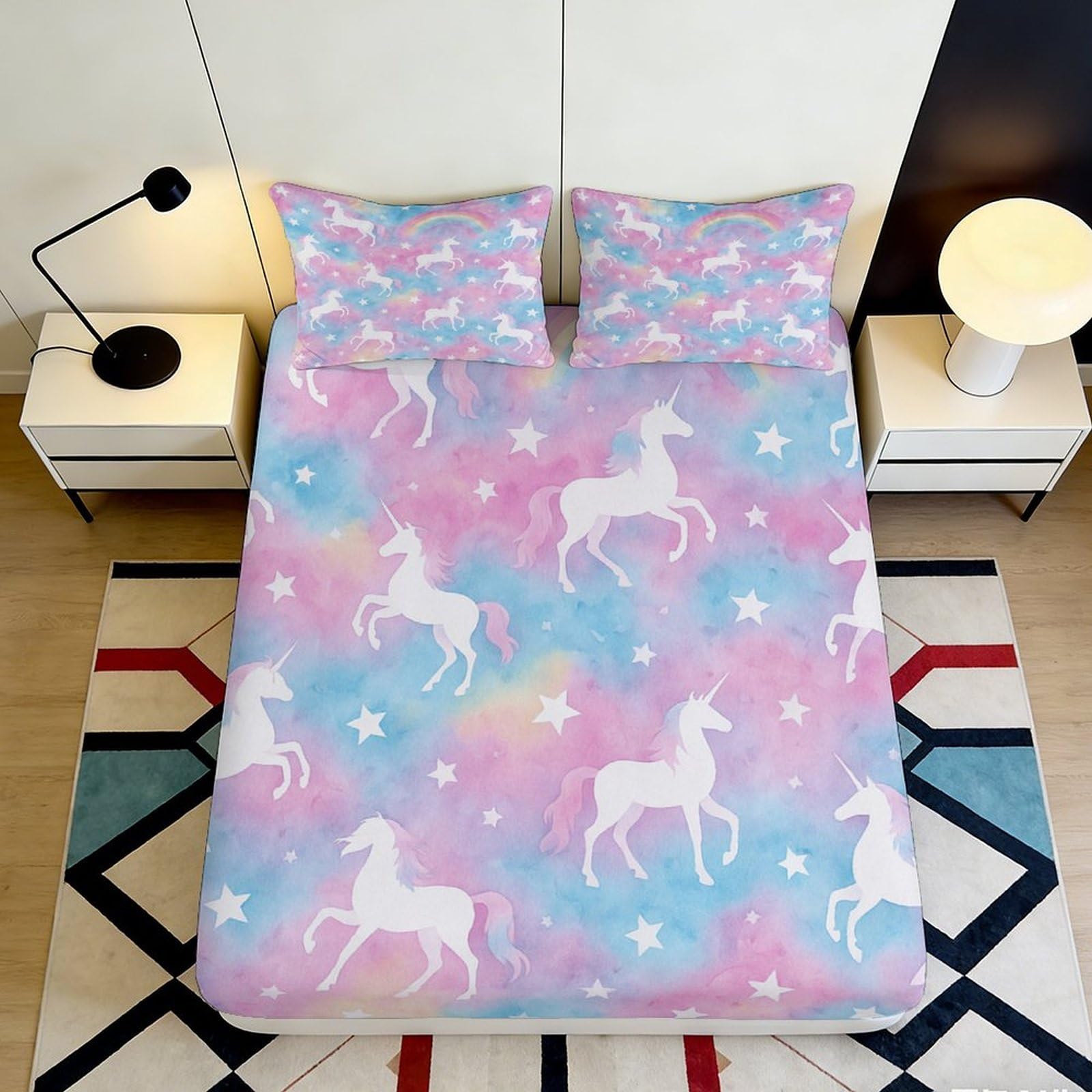 3D Printed Unicorn Rainbow Fitted Sheet Microfiber Star Pastel Mattress Cover Anti-Slip Machine Washable Bedroom Decor 160x200x25cm