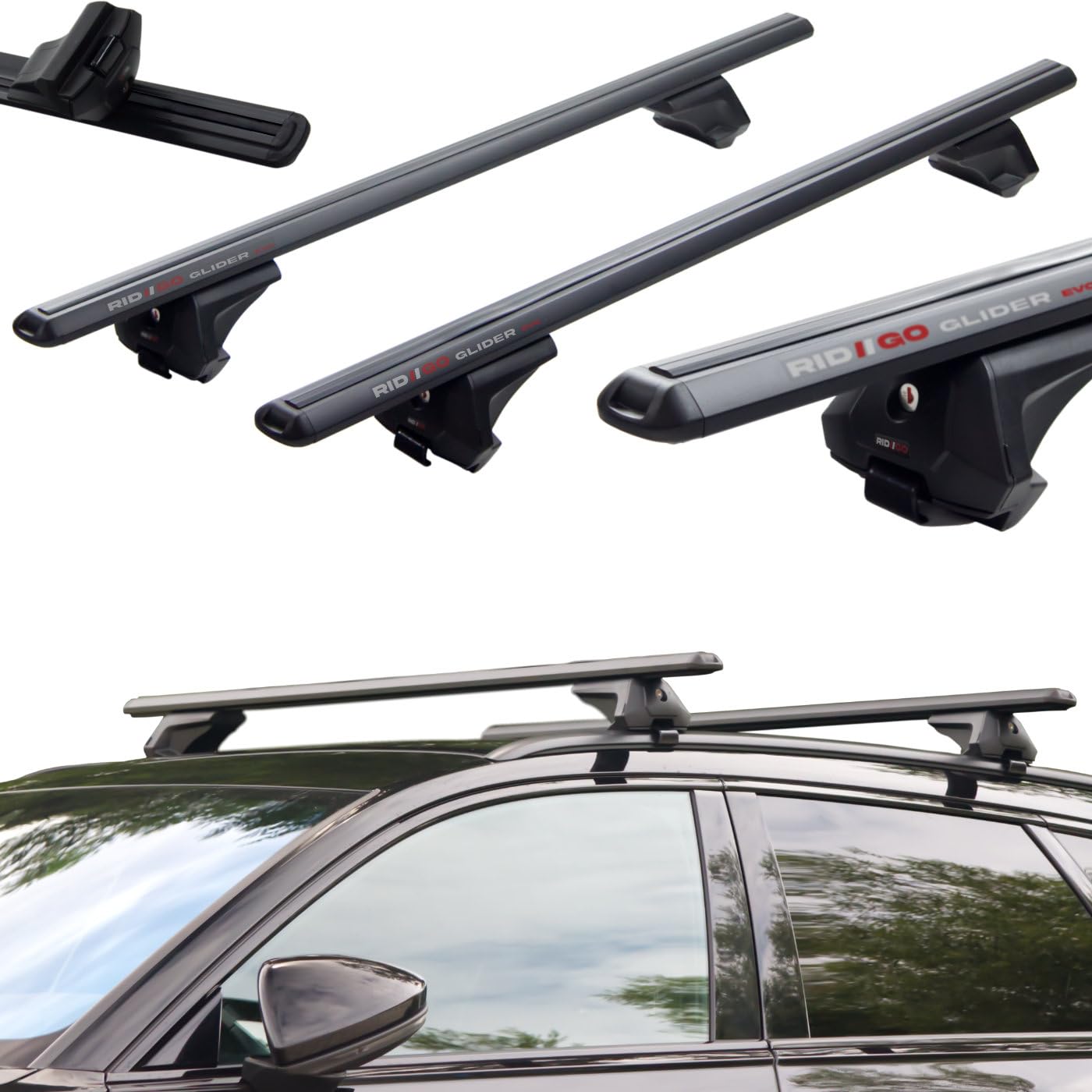 RIDIGO Glider EVO Dachträger für Ford Focus 4 IV MK4 (Turnier) ab 2018 | Aluminium, 75 kg Tragkraft, geschlossene Dachreling, Schwarz