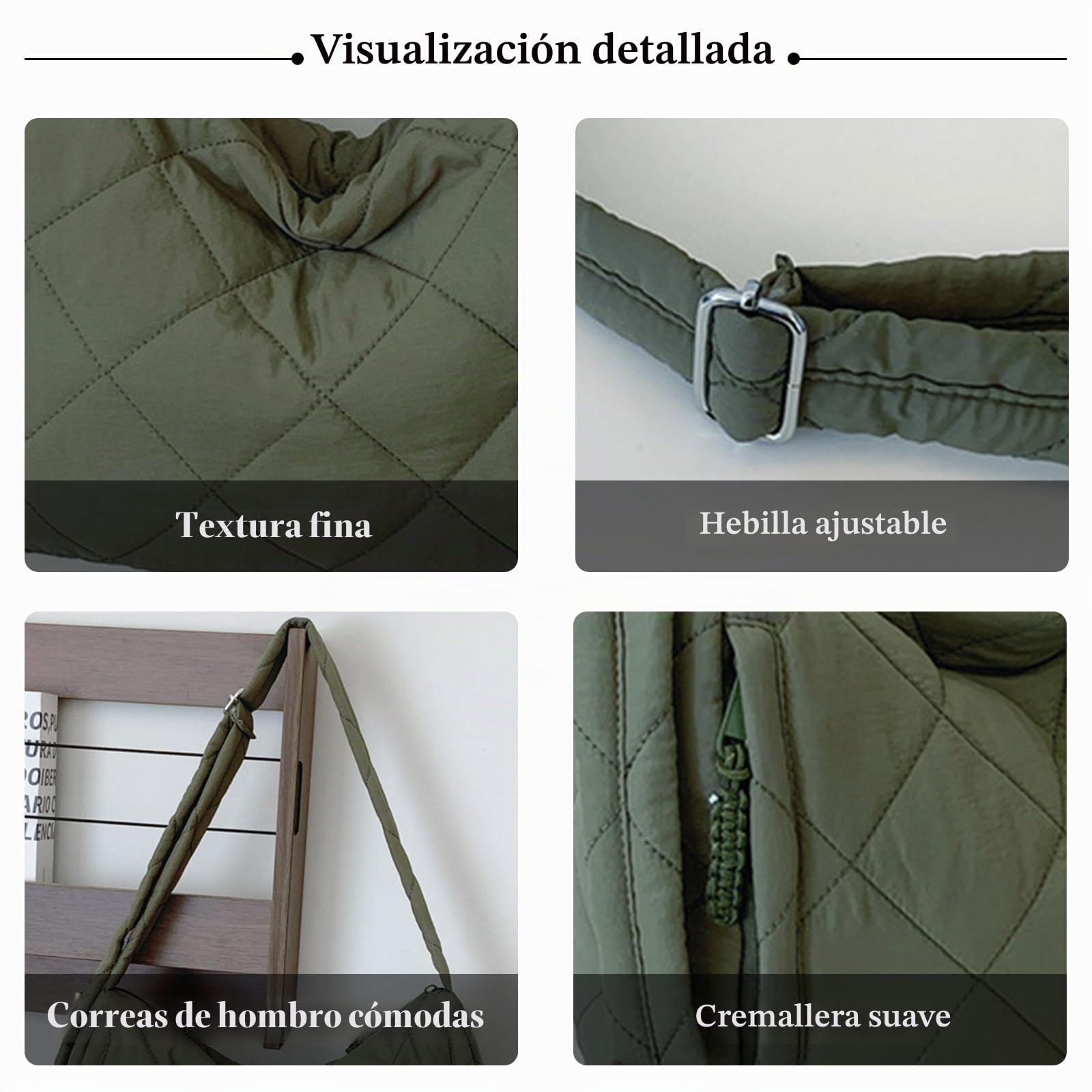 Bolso Acolchado para Mujer Nylon Bandolera Ligero Elegante Gran Capacidad Tote para Trabajo Viajes Compras Negro